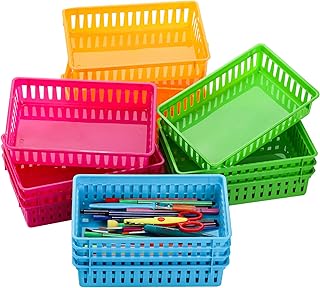 DEAYOU 16 Pack Classroom Storage Baskets Bins, Small Plastic Organizer Basket, Colorful Storage Trays, Crayon Pencil Containers for Paper, Desk, Shelf, Home School Office, 10.2" L x 6.5" W x 2.4" H