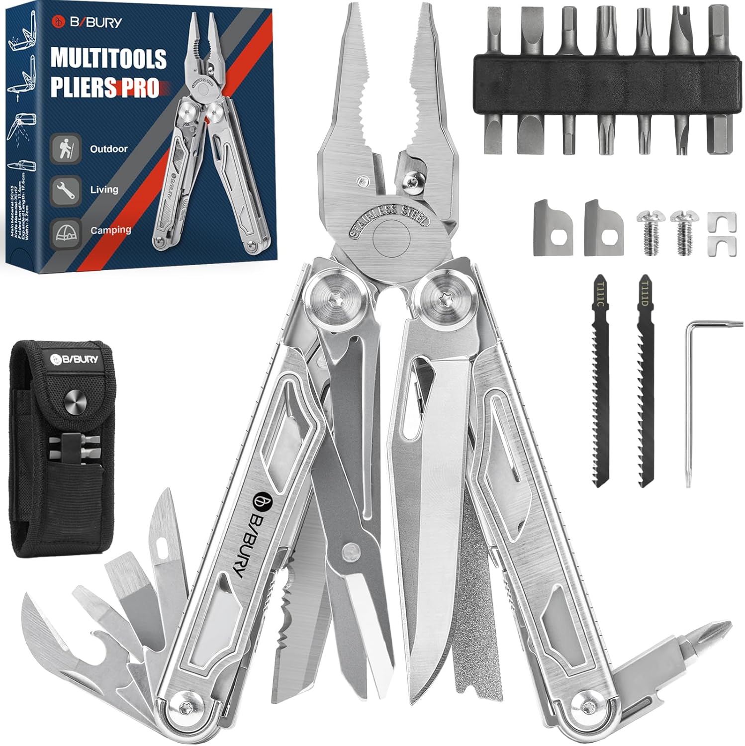 BIBURY Multitool Pliers Pro BI2045, Stainless Steel Multi Tool Pliers with Replaceable Wire Cutters and Saw, Foldable Multitools with Scissors and Screwdriver, Ideal for Camping,Survival, Repair