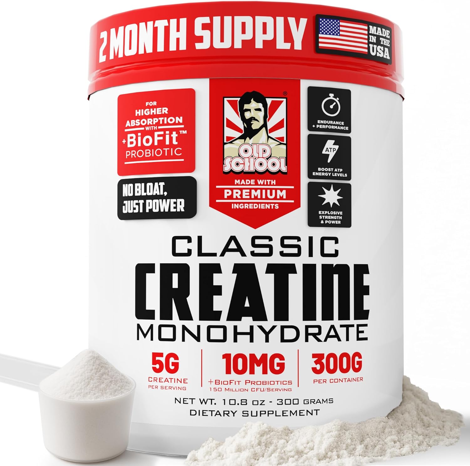 Old School Labs 5000mg Creatine Monohydrate Micronized Powder with BioFit™ (Max Absorption), Performance & Recovery, Strength, Endurance, Focus - Made in USA - Men & Women - 60 Servings
