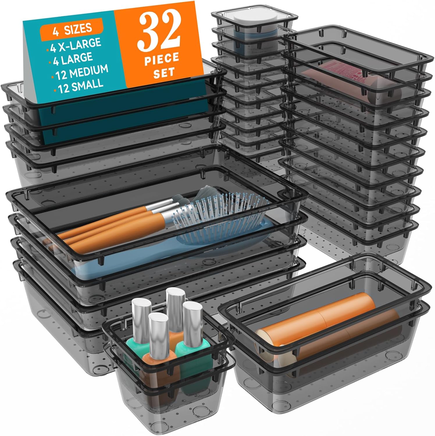 WOWBOX 32 PCS Clear Plastic Drawer Organizer Set, 4 Sizes Desk Drawer Organization and Storage Containers for Makeup, Cosmetics, Jewelry and Gadgets in Kitchen, Bathroom, Bedroom, Office, Clear Black