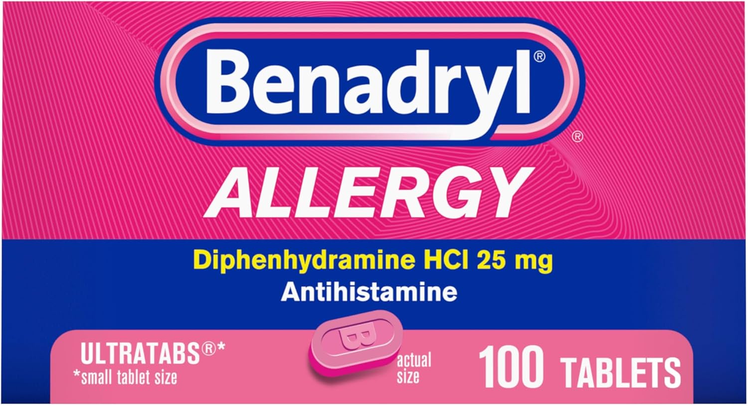 Benadryl Ultratabs Allergy Medicine, 25 mg Diphenhydramine HCl Antihistamine Tablets For Cold & Allergy Relief of Symptoms Like Sneezing, Runny Nose, Itchy Eyes & Throat, Hay Fever, 100 Count Tablets