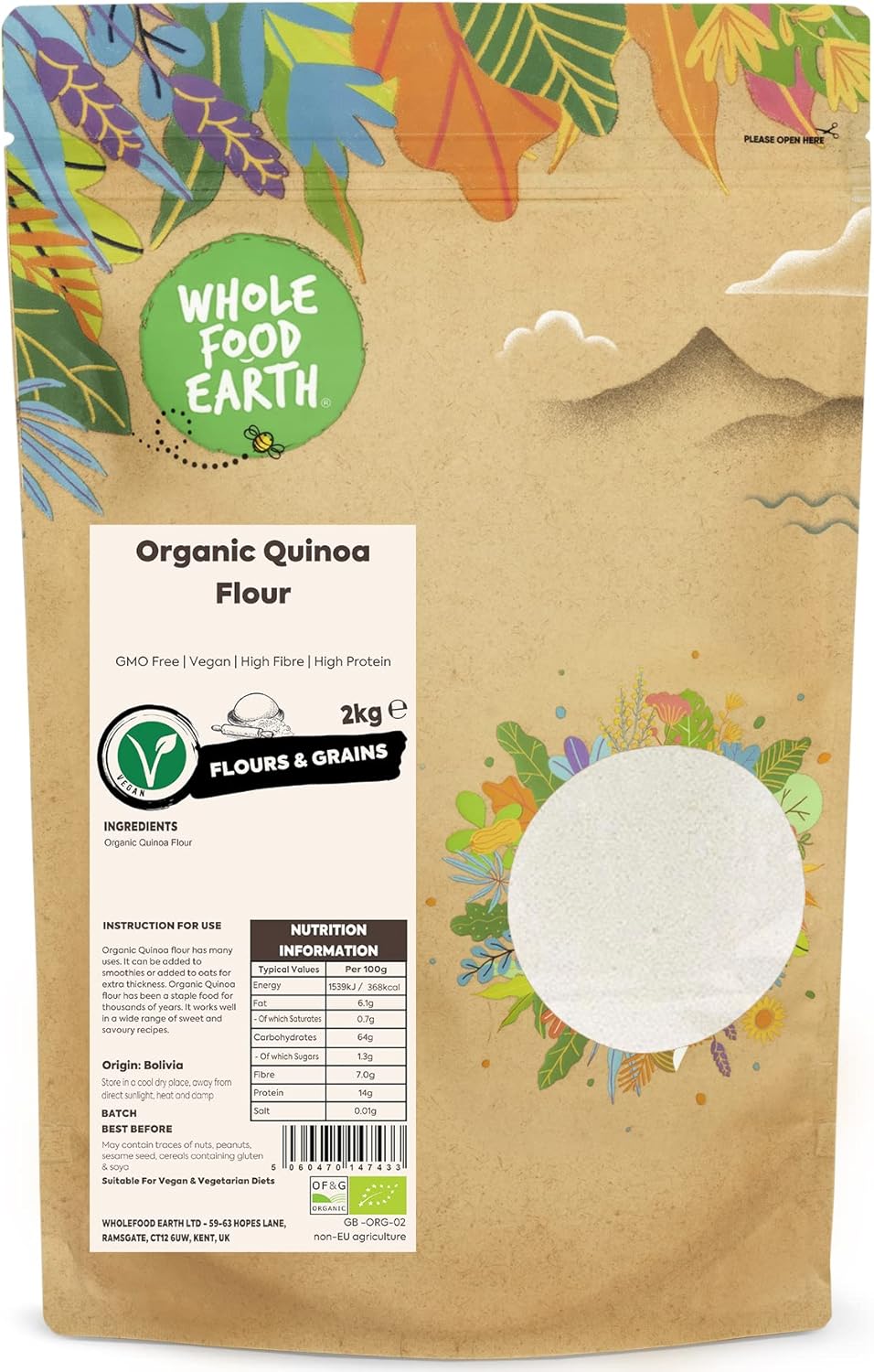 Wholefood Earth Organic Quinoa Flour – 2kg | GMO Free | Vegan | High Fibre | High Protein | Certified Organic