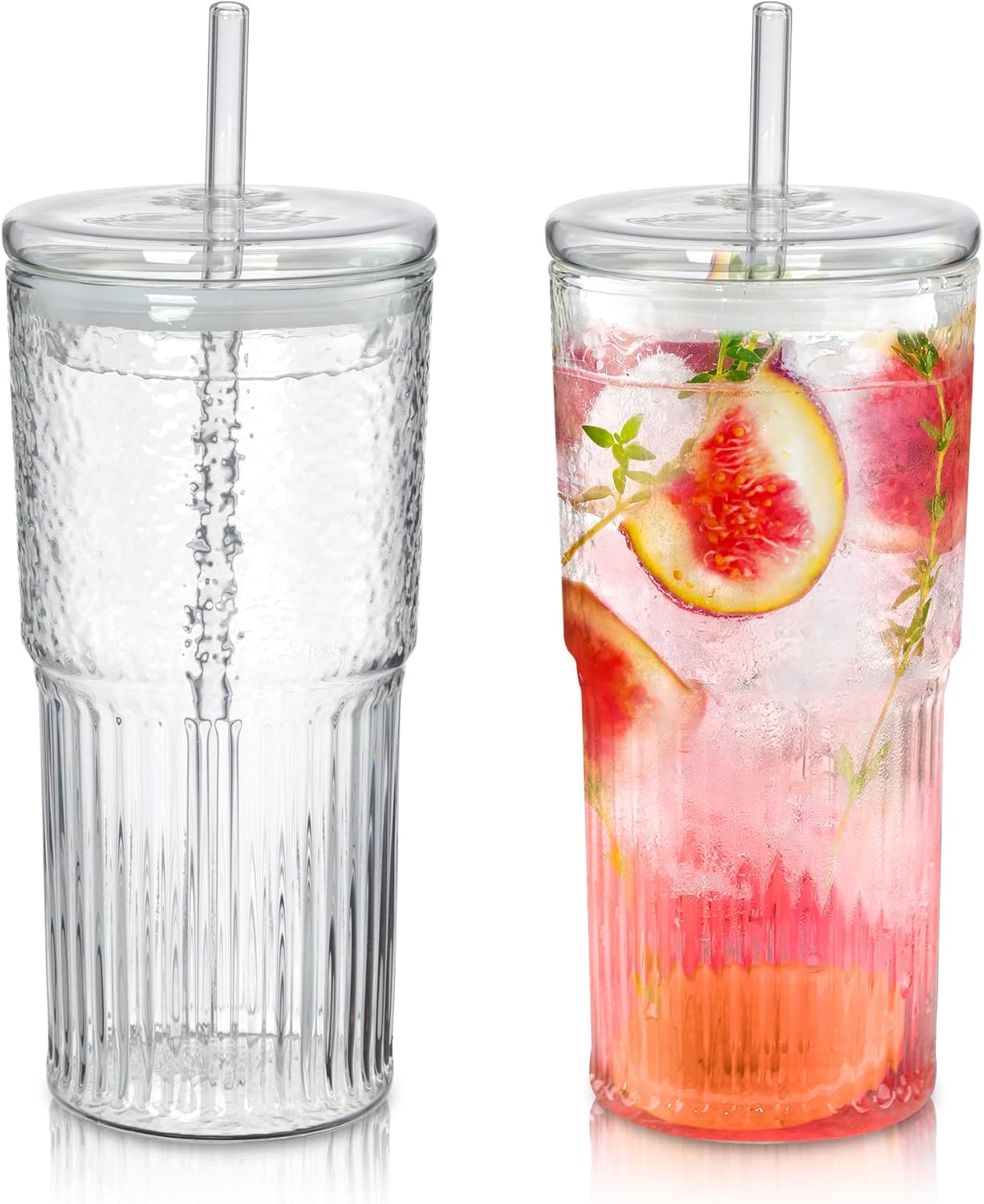 Joeyan 650 ml Glass Tumbler with Straw and Lid for Iced Tea Coffee Smoothie Water Juice Beverages Soda,Clear Borosilicate Glasses Cups,Ribbed Drinking Jar,Set of 2,Dishwasher Safe