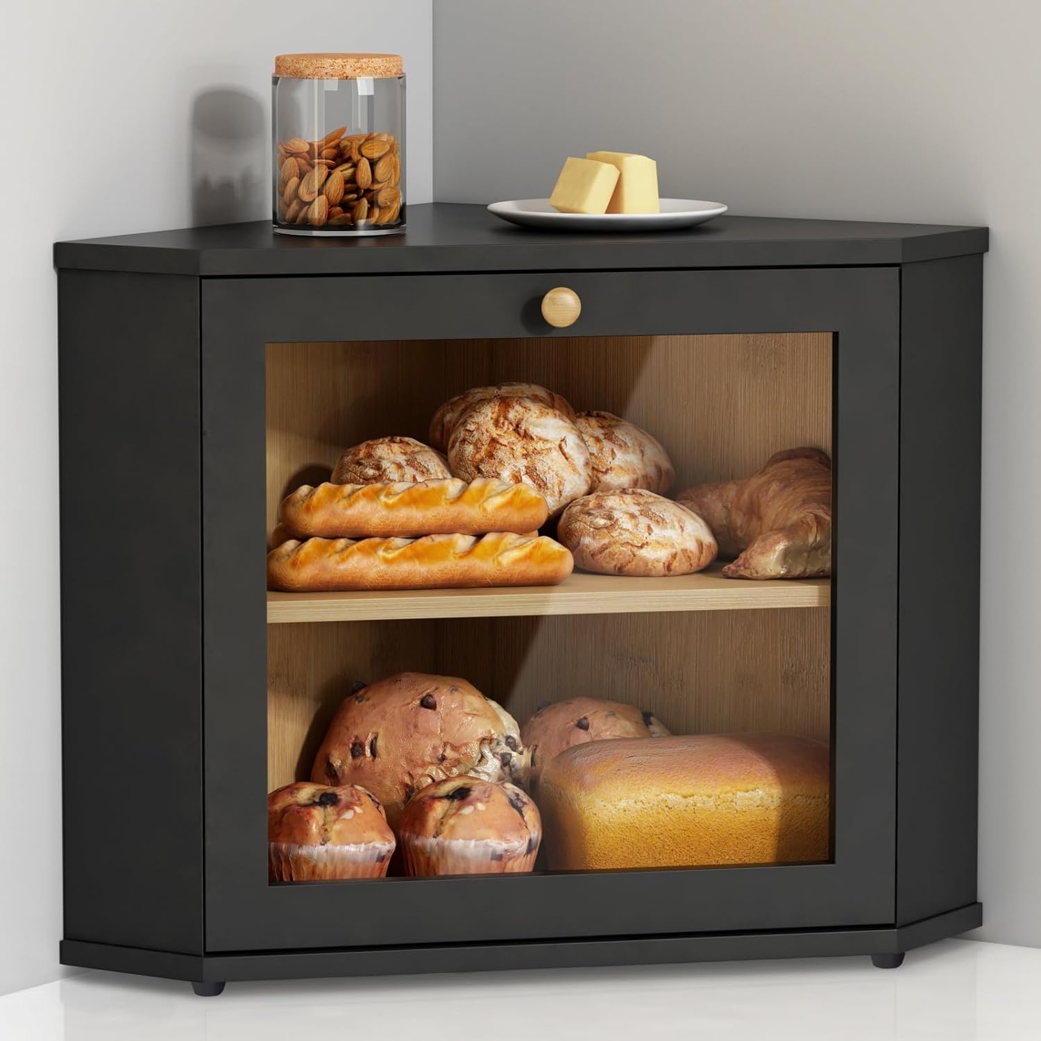 Corner Bread Box for Kitchen Countertop, Black Bread Storage Container for Homemade Bread, Two Layer Breadbox under Cabinet Mount, Large Bread Holder for Kitchen Counter, Panry Shelf