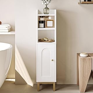 Bathroom Storage Cabinet, Small Corner Floor Cabinet with Door and Shelves, Narrow Toilet Paper Cabinet, Bathroom Organizer with Adjustable Shelf, for Small Spaces, White BC08203X