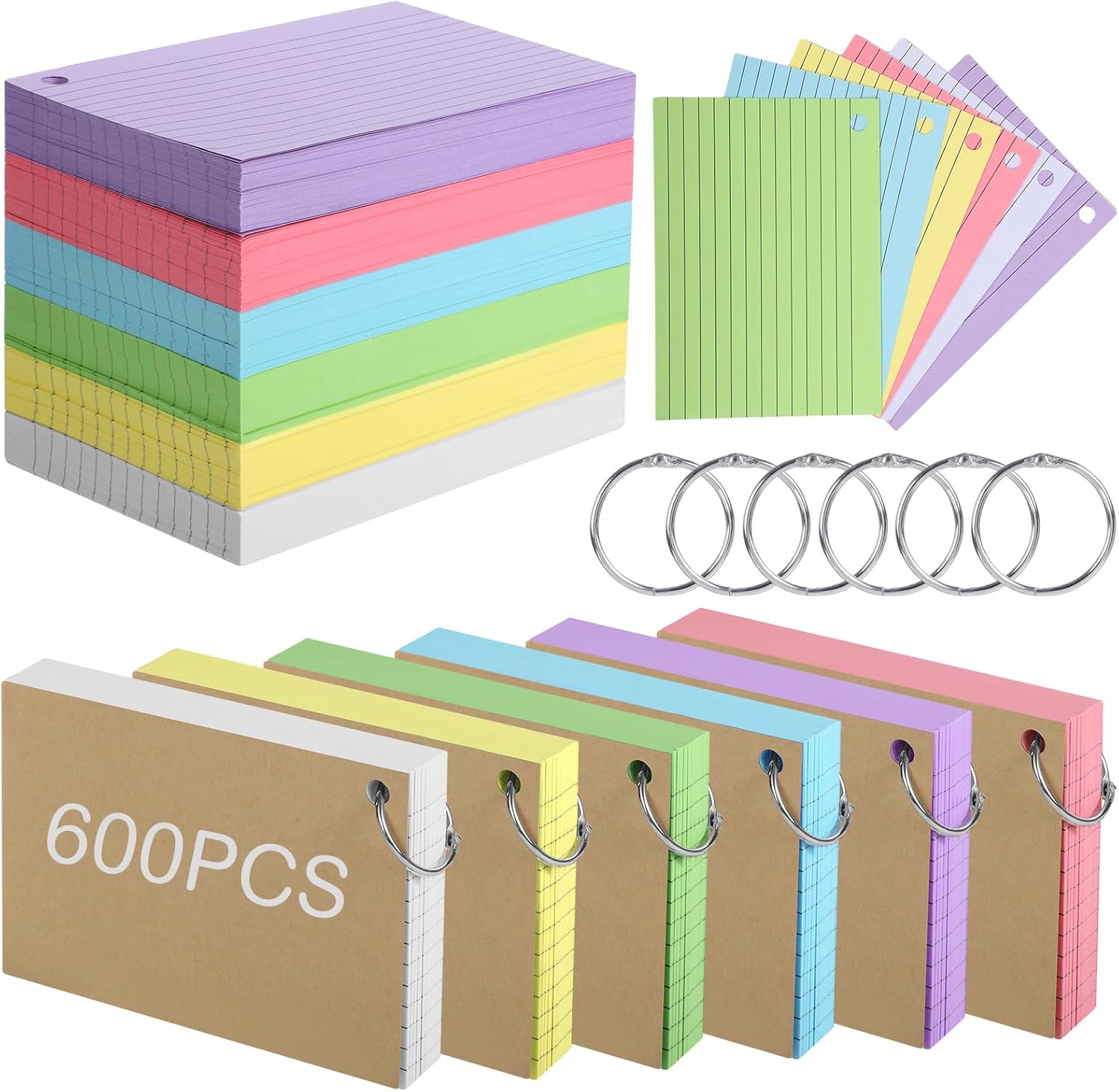 A6 Ruled Index Cards, 600 Pcs Revision Cards with Metal Binder Ring, Colorful Flash Card Lined Note Cards Double Sided Record Cards for Home Office Work School