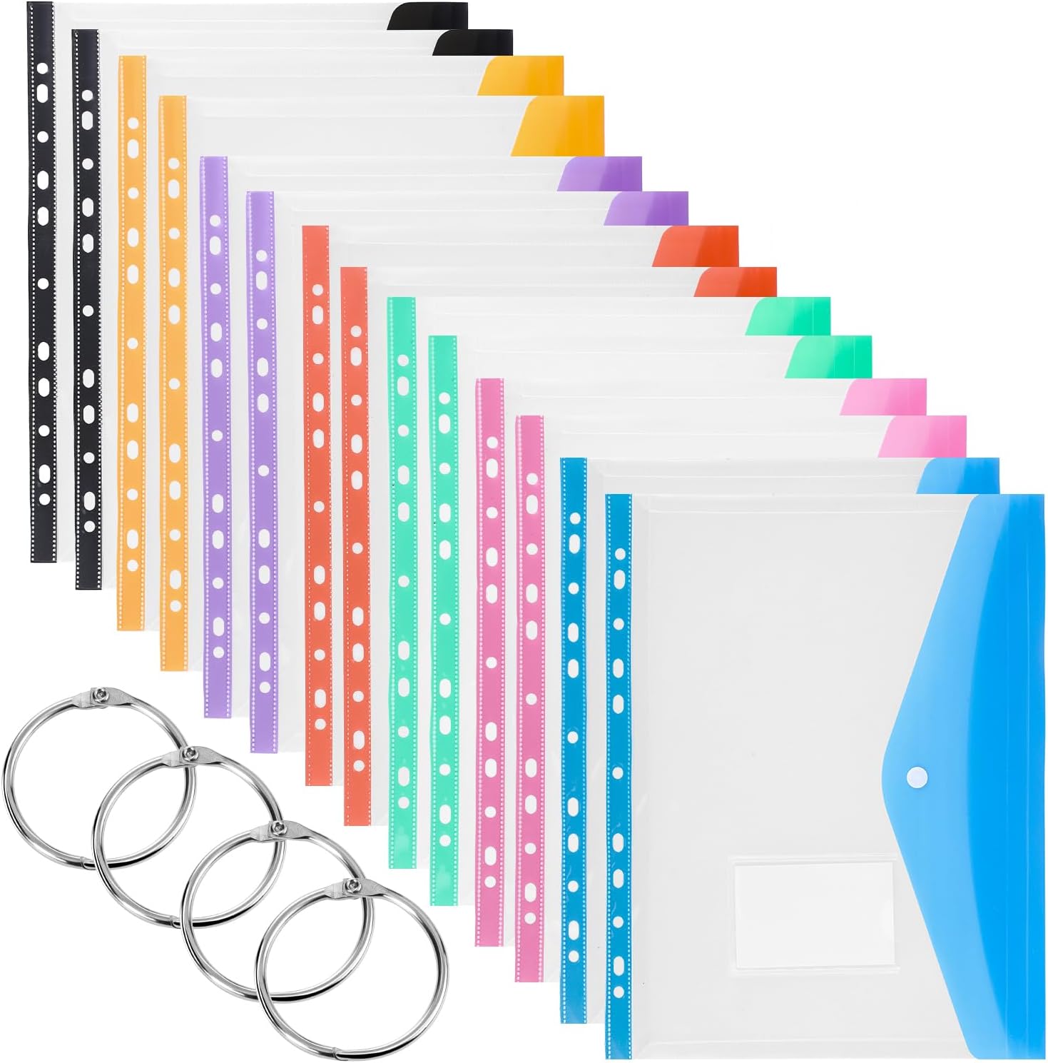14 Pack Plastic Wallets A4 Punched Pockets, Expandable Folders Document Files with Button,Tab Card, and 4 Binders for School, Office, Home, Travel（7 Colors）