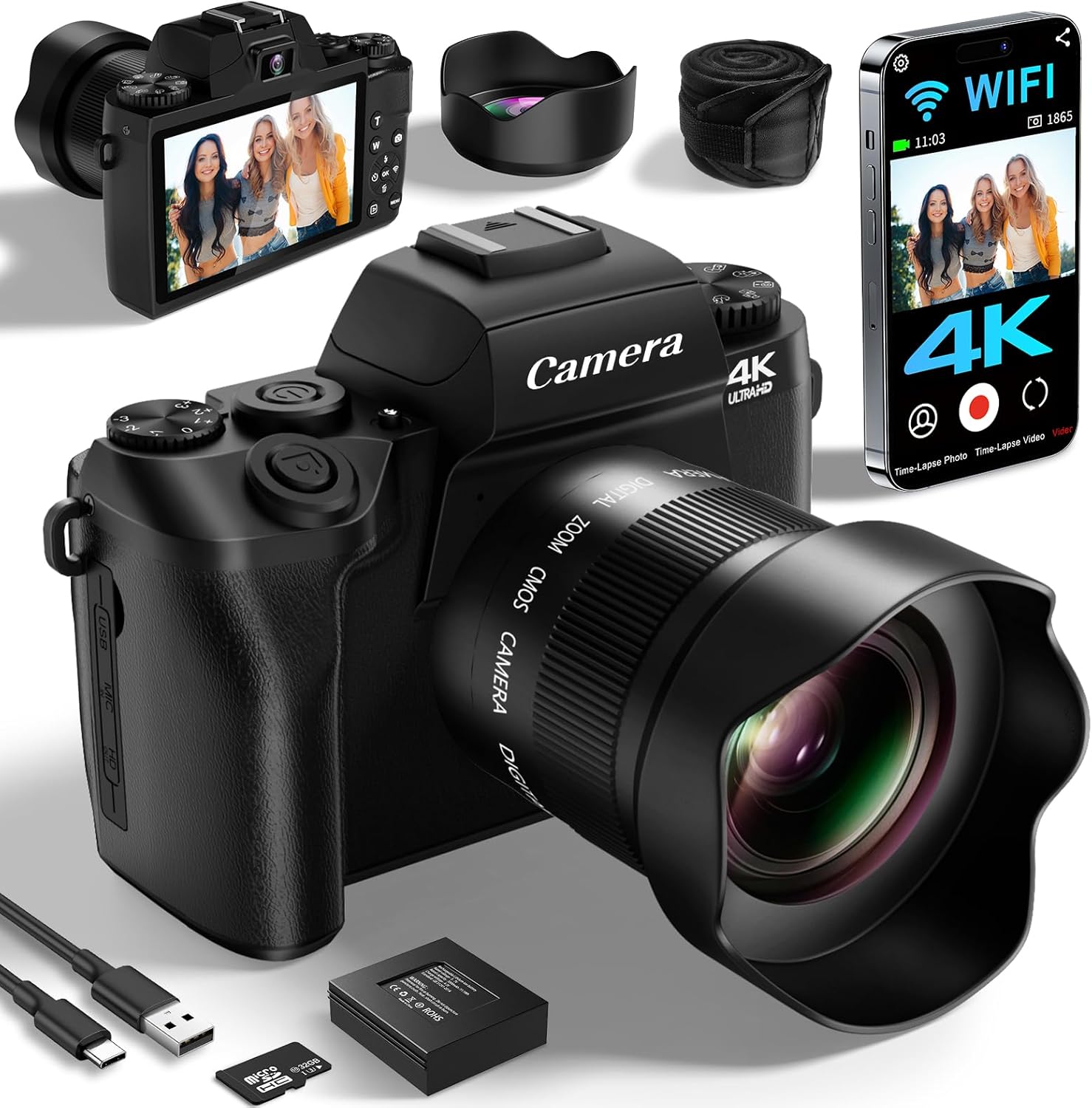 Saneen Digital Camera, 4k Cameras for Photography, 64MP WiFi Touch Screen Vlogging Camera with Flash, 32GB Card, Lens Hood,3000mAH Battery, Front and Rear Cameras,Hot Shoe Interface Beginner