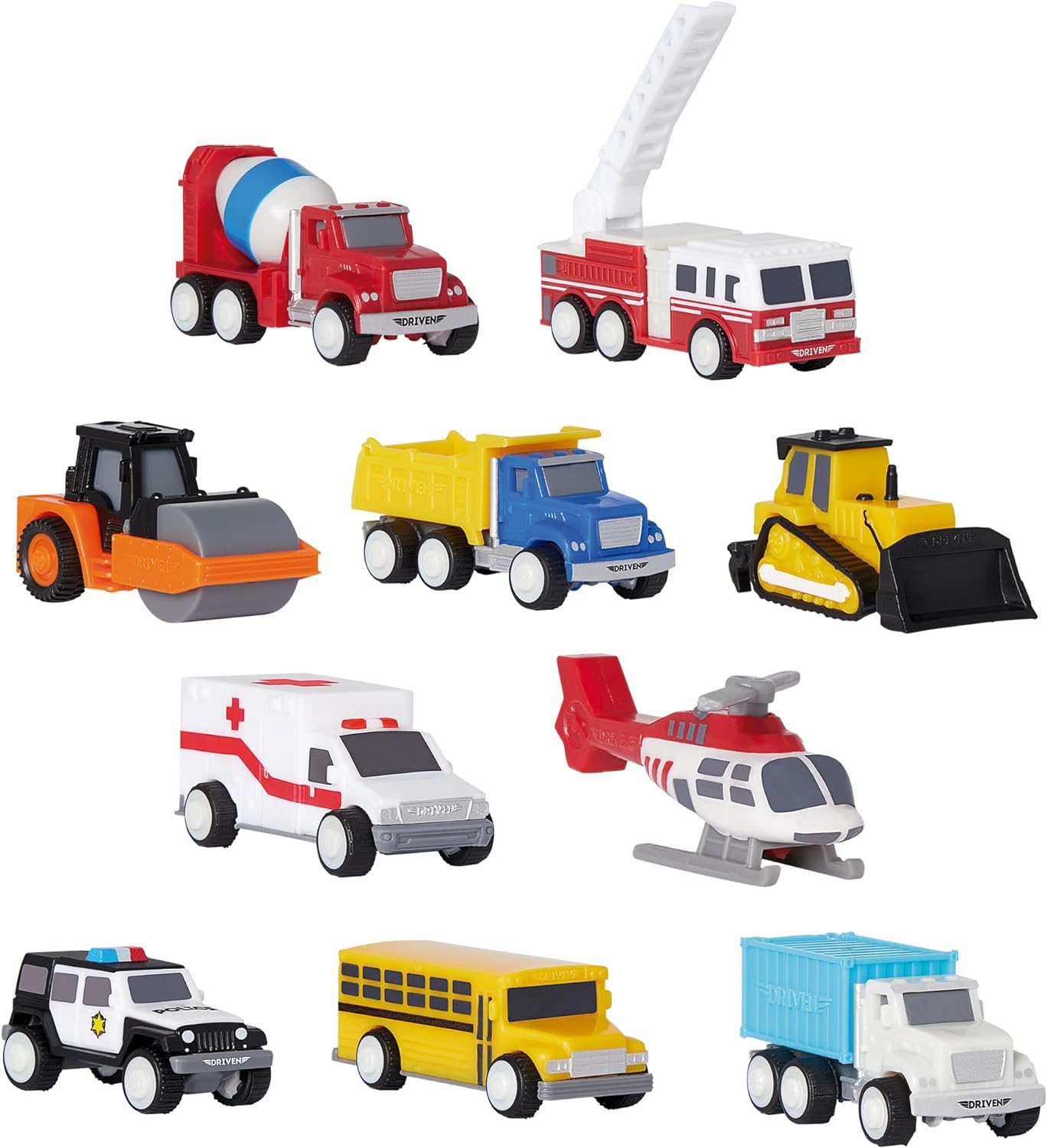 Driven by Battat – Pocket Fleet 1 – 10 Pack – Mini Cars Toys – Police Car, Fire Truck, Ambulance & More Construction Vehicles – Durable Vehicle Playset for Toddlers & Kids – Gift for Age 3+ Years