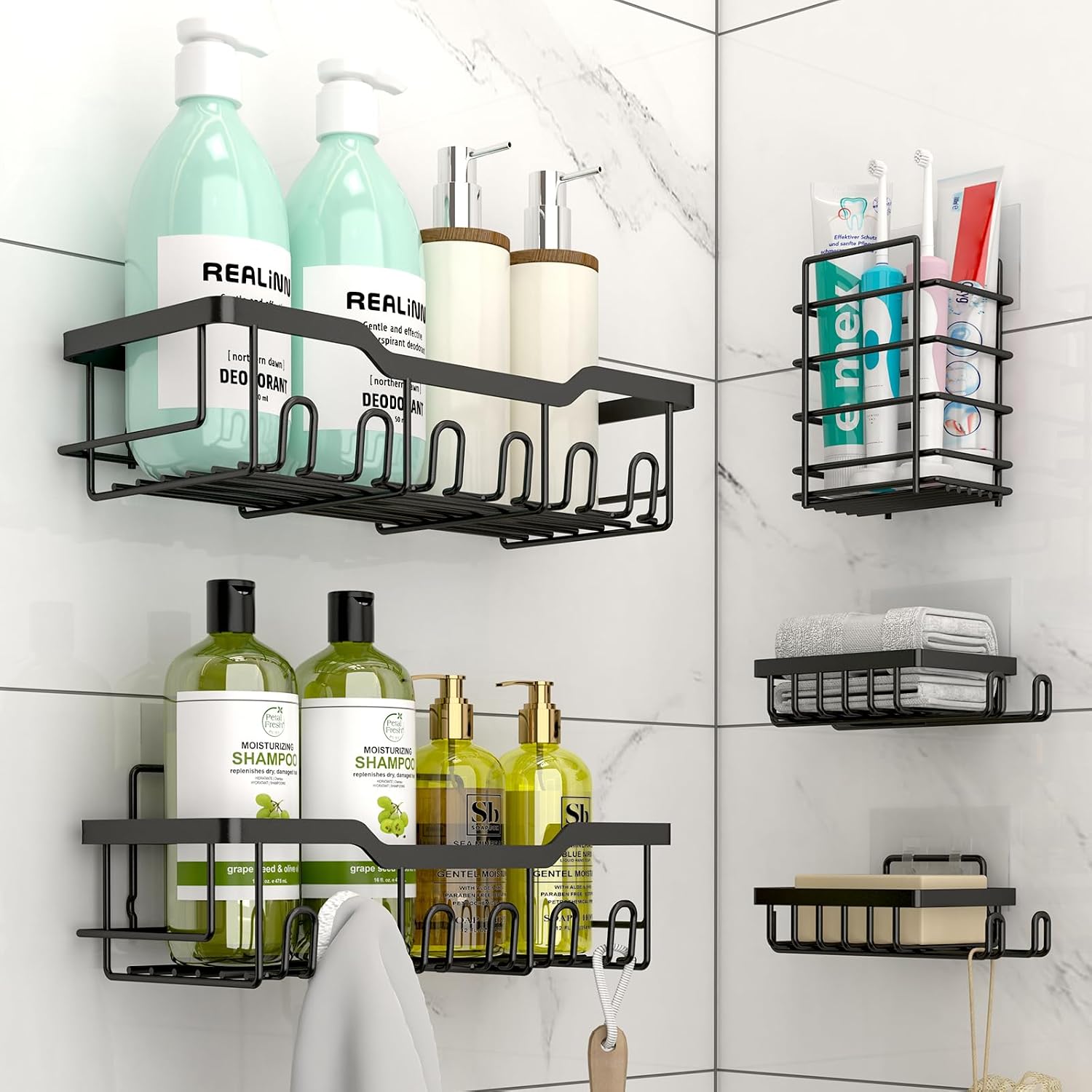 REALINN Adhesive Shower Caddy, 5-Pack Rustproof Stainless Steel Shower Shelves, No Drilling Large Capacity Bathroom Shelf Caddy, Black