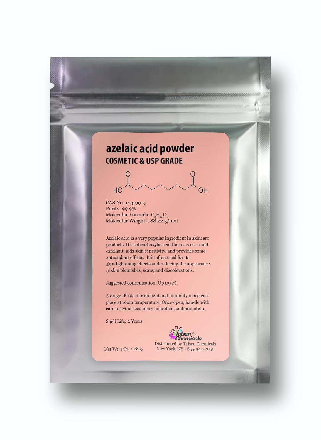 Azelaic Acid Powder (1 Oz / 28 gram) 99.9% Azelaic Acid Fine Powder for Making DIY Azelaic Acid Cream, Gel and Azelaic Acid Serum by Talsen Chemicals