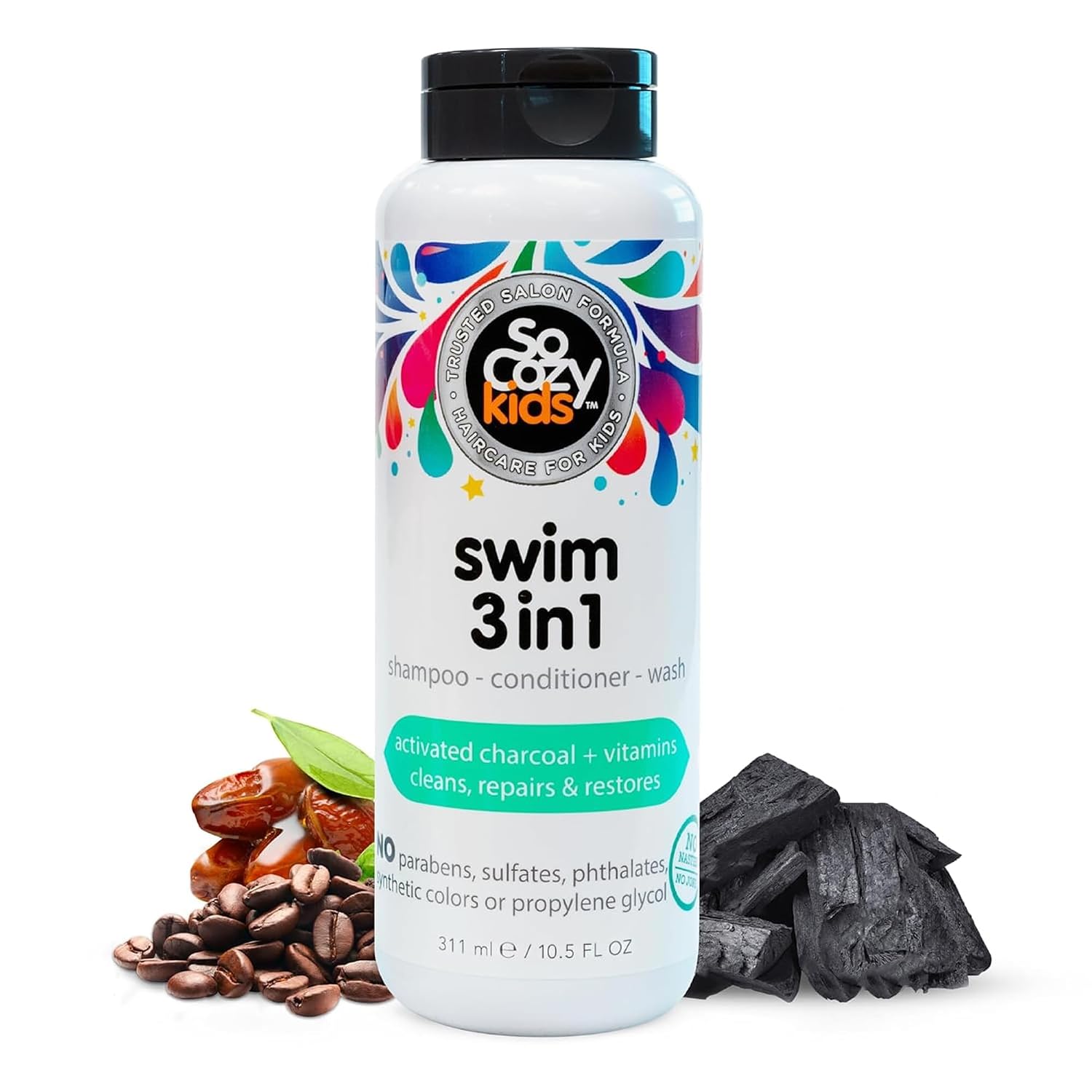 SoCozy Kids Swim 3-in-1 Shampoo, Conditioner & Body Wash - 3-in-1 Combo Pool Shampoo & Conditioner for Swimmers - Salt & Chlorine Removing Activated Charcoal