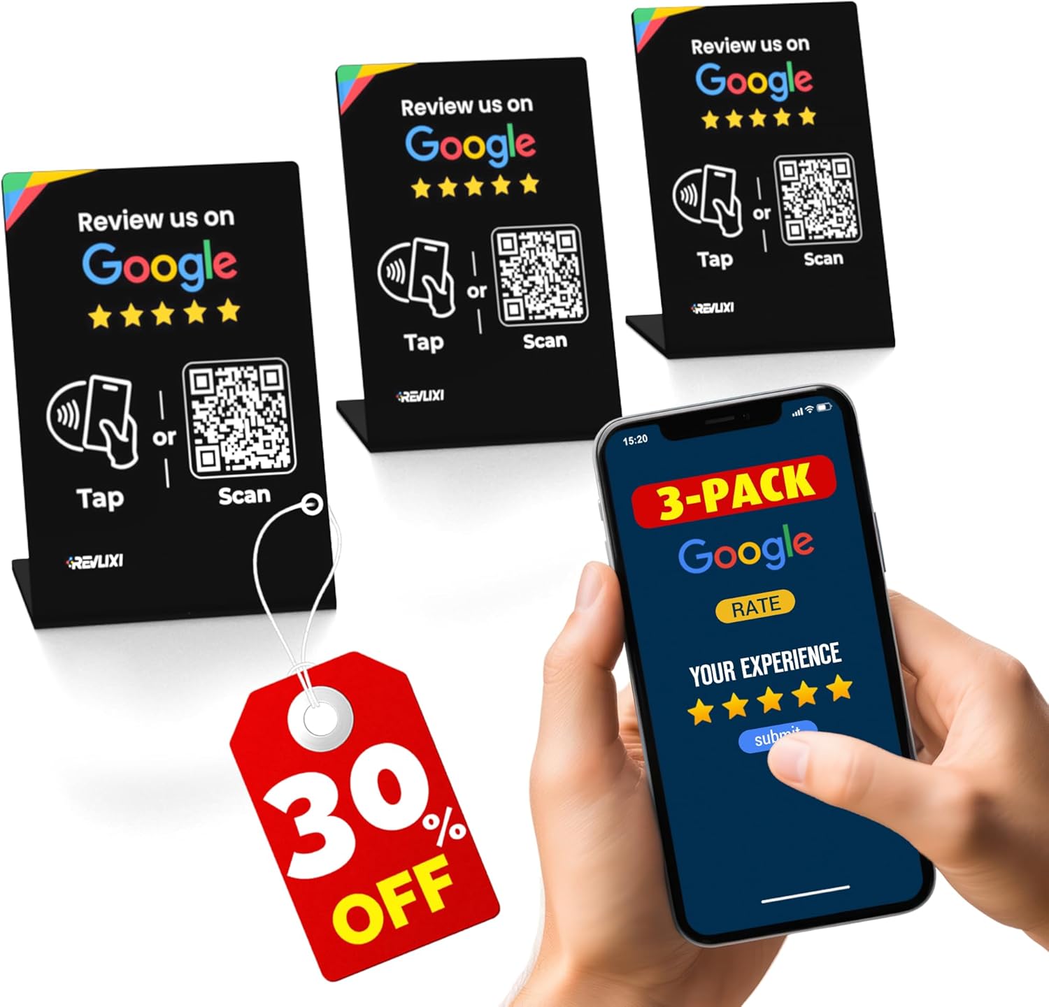 Google Review Stand (3 PCS)- Boost Reviews w/ 3x4 inch Reusable Google Review Tap Card Stand & QR Code Stand -No App,No Subscription- Android & iPhone Compatible- Google Reviews Made Easy