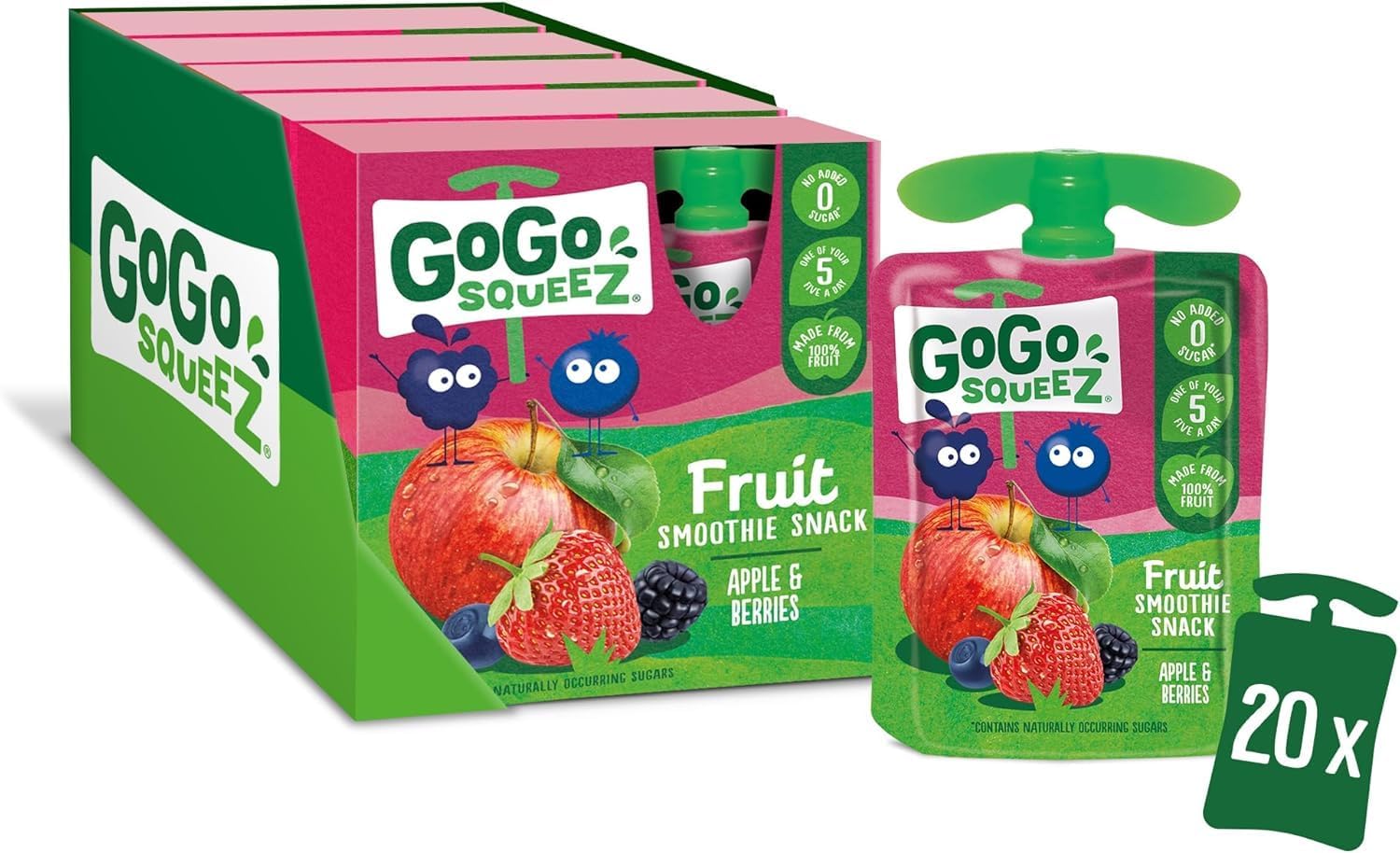 GoGo squeeZ Fruit Pouches, Apple Berries 20x90g, No Added Sugar Kids Snacks