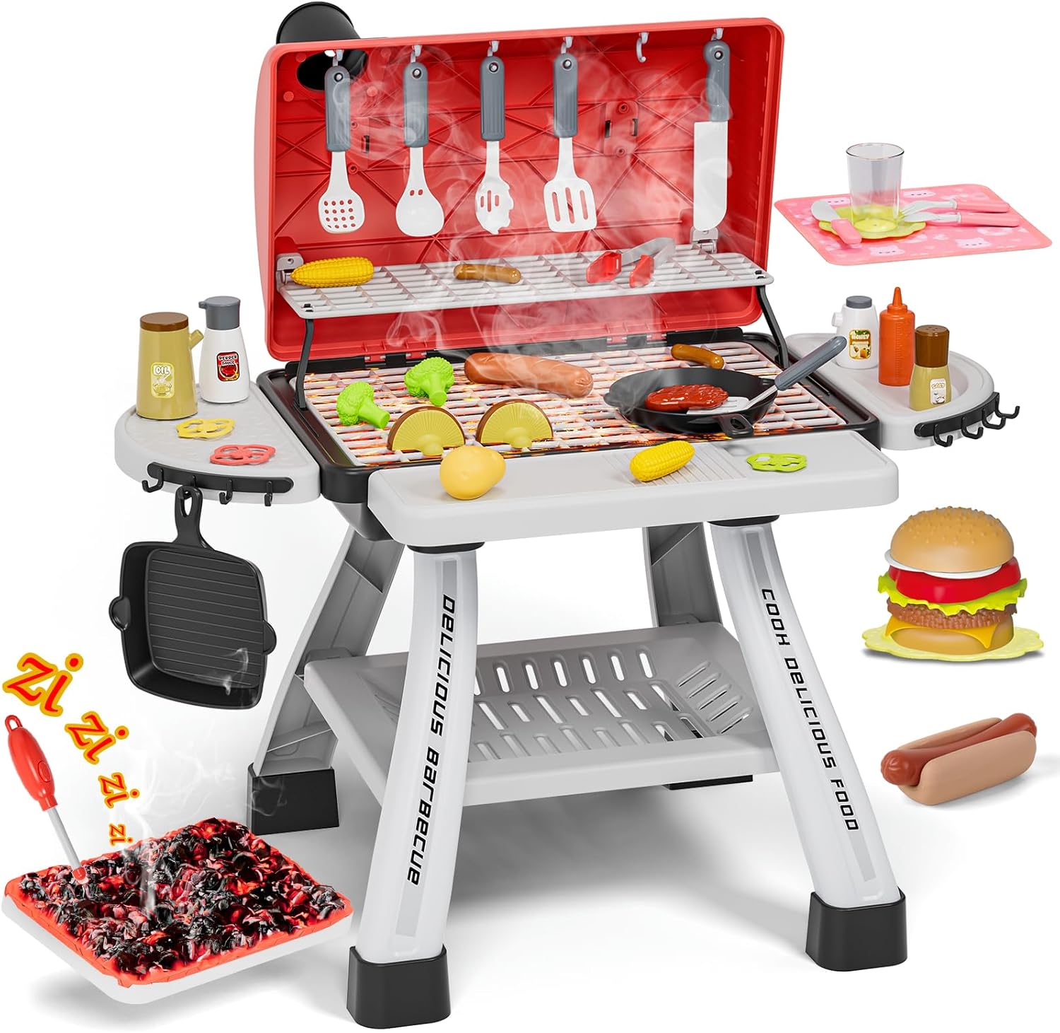 Kids Toys Kitchen Playset, BBQ Grill Playset with Smoke, Sound & Light, Toy Grill for Kids, Pretend Play Food Hamburger, Interactive Toys Barbecue Cooking Game for Toddlers Boys Girls 3-5