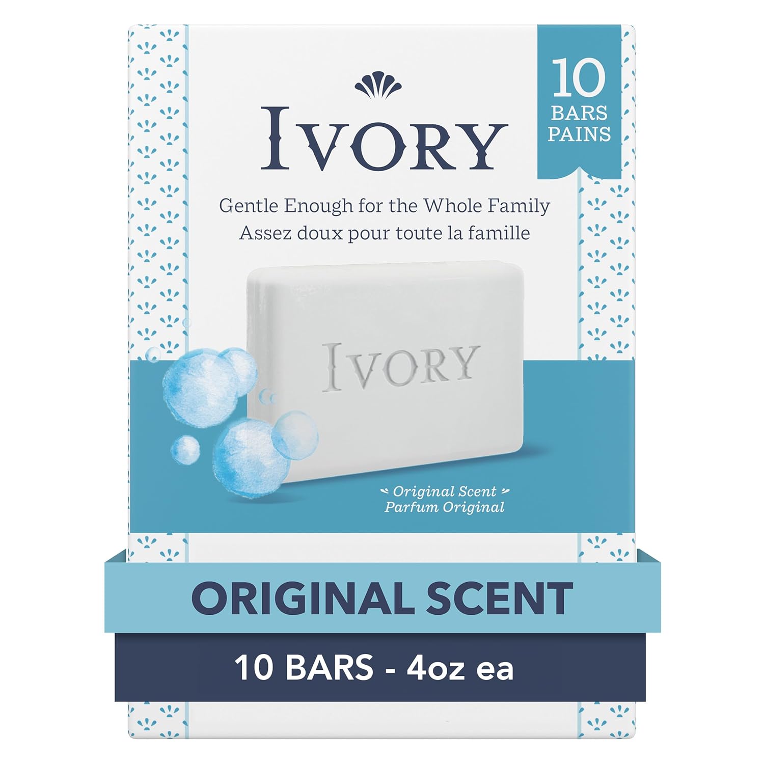 Ivory Gentle Bath Bar Soap, Family Pack, Designed for Whole Family, 99.44% Pure Formula w/ Plant-Based Cleansers, Made Without Heavy Perfumes, Parabens or Phthalates, Original Scent, 4 oz (10 Count)