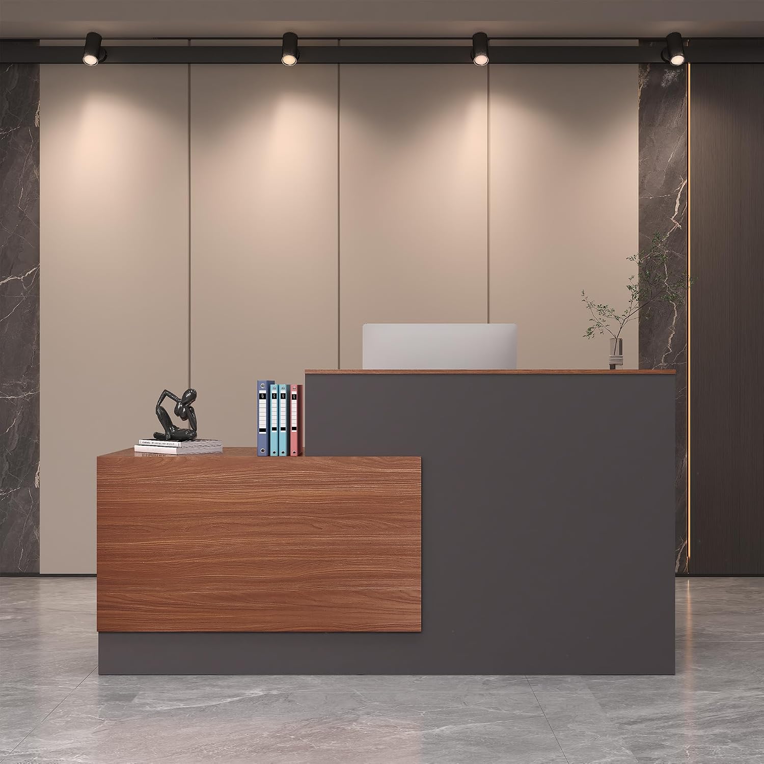 L-Shaped Reception Desk with Lockable Drawers, Adjustable File Cabinet & Keyboard Tray, Modern Front Counter for Office, Salon, or Lobby (Right-L Walnut/Slate Gray, 70.9''L x 23.6''W x 41.3''H)