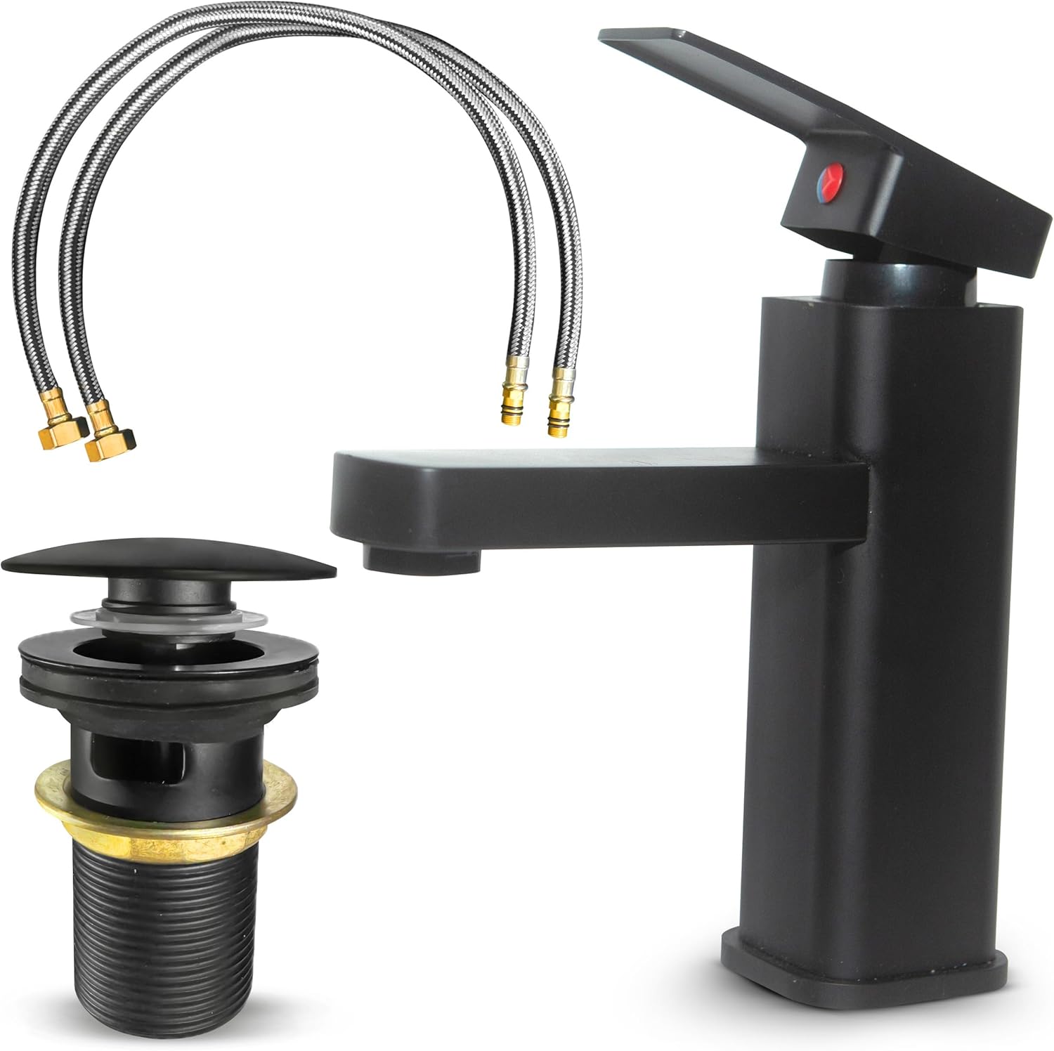 MSC Black Mixer Tap - Single Lever Design, Matte Black Basin Tap, Cloakroom Basin Mixer, Includes Pop Up Waste and Hoses