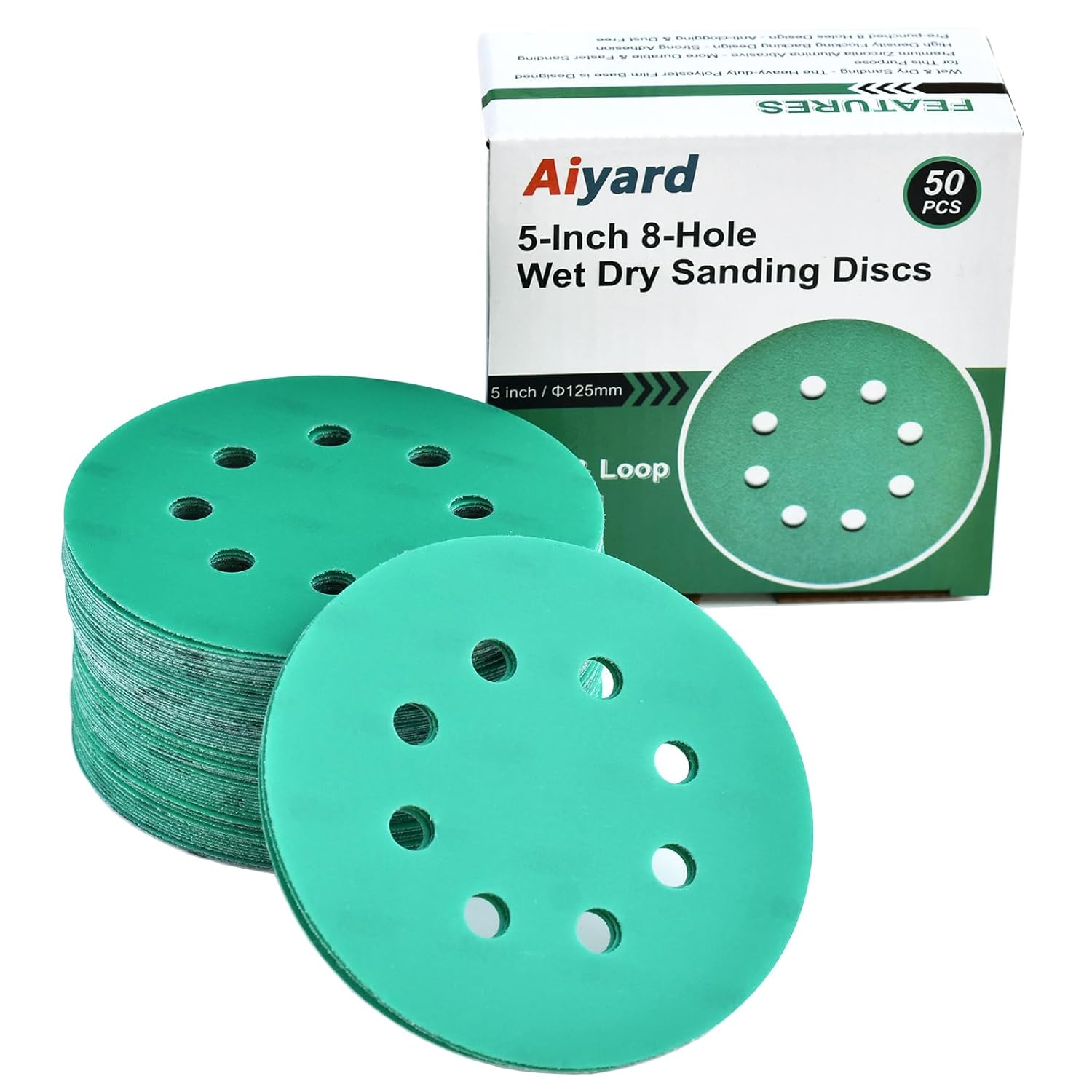 5-Inch 8-Hole Wet Dry Sanding Discs 1000 Grit, Polyester Film Backed Heavy-Duty Hook and Loop Sandpaper for Random Orbital Sander, 50-Pack
