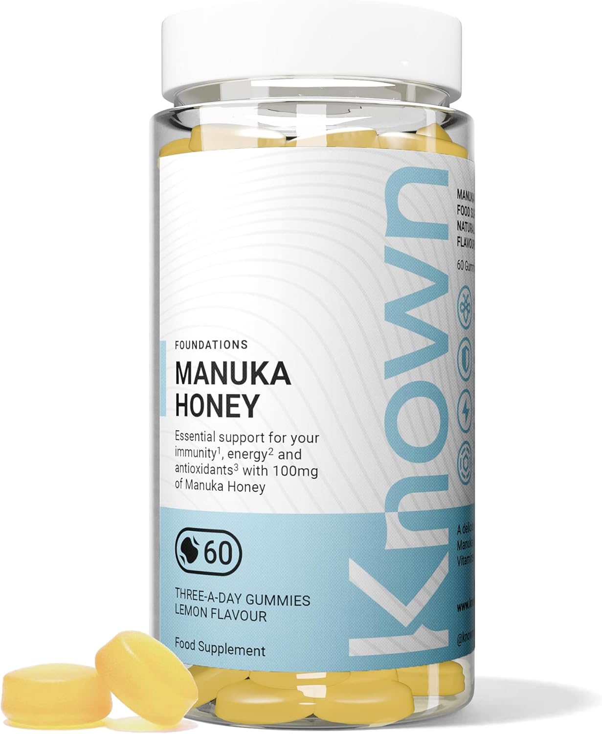 Known Manuka Honey Gummies - 100mg Manuka Honey with Vitamin C, D3 & Zinc - Immune Support - Natural Lemon Flavour - 60 Gummies, 1 Month Supply
