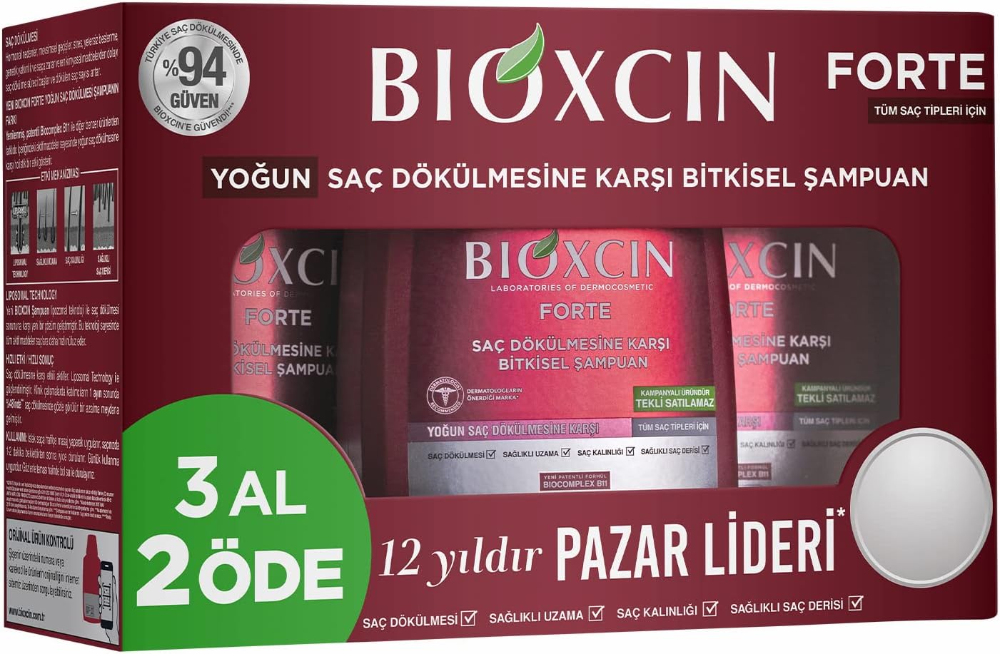 Bioxcin Forte Herbal Shampoo 3x300ml | For All Hair Types | Daily Care Shampoo | Stronger, Thicker & Healthier Looking Hair | Value Pack