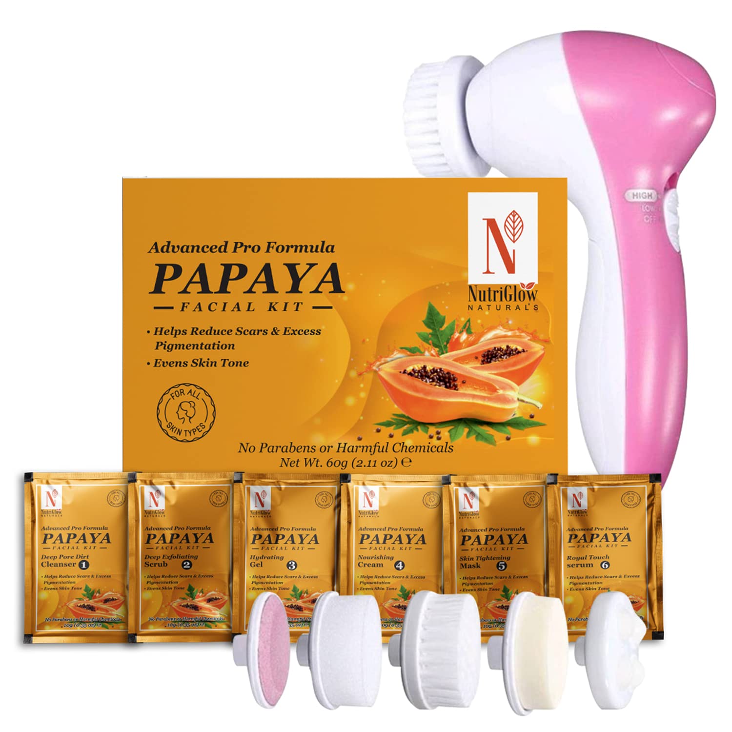 Nutriglow Papaya Facial Kit For Blemish Free and Fairer Skin Hydrated & Brightening Fresh Looking Skin, All Skin Types, No Parabens & Sulphates,60gm with 5 in 1 Face Masssager