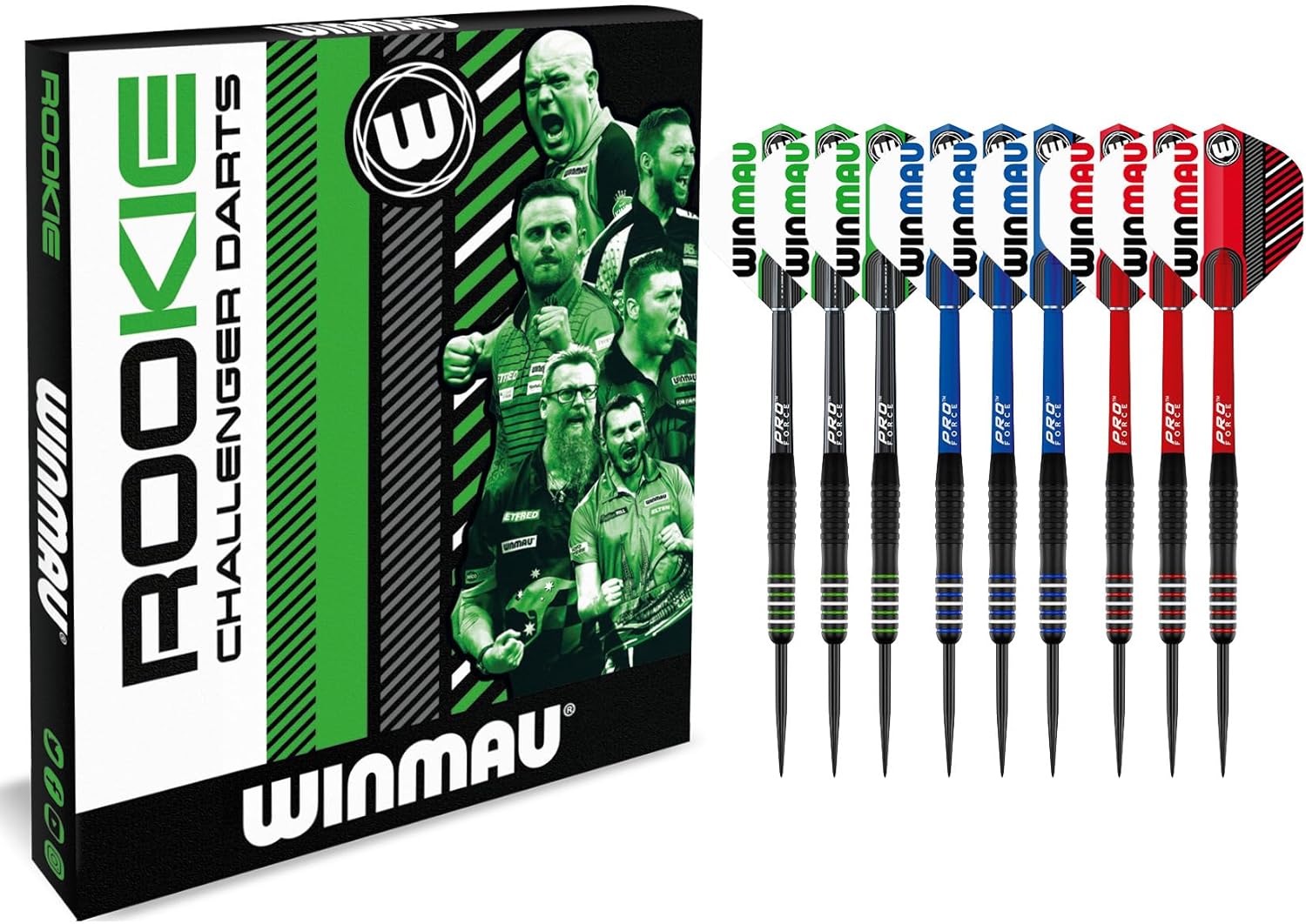 WINMAU Rookie Steeltip Brass Darts Set | Single or Multi Sets | Includes Flights and Shafts (Stems) | Exclusive Darts Booklet | Blue, Red and Green |