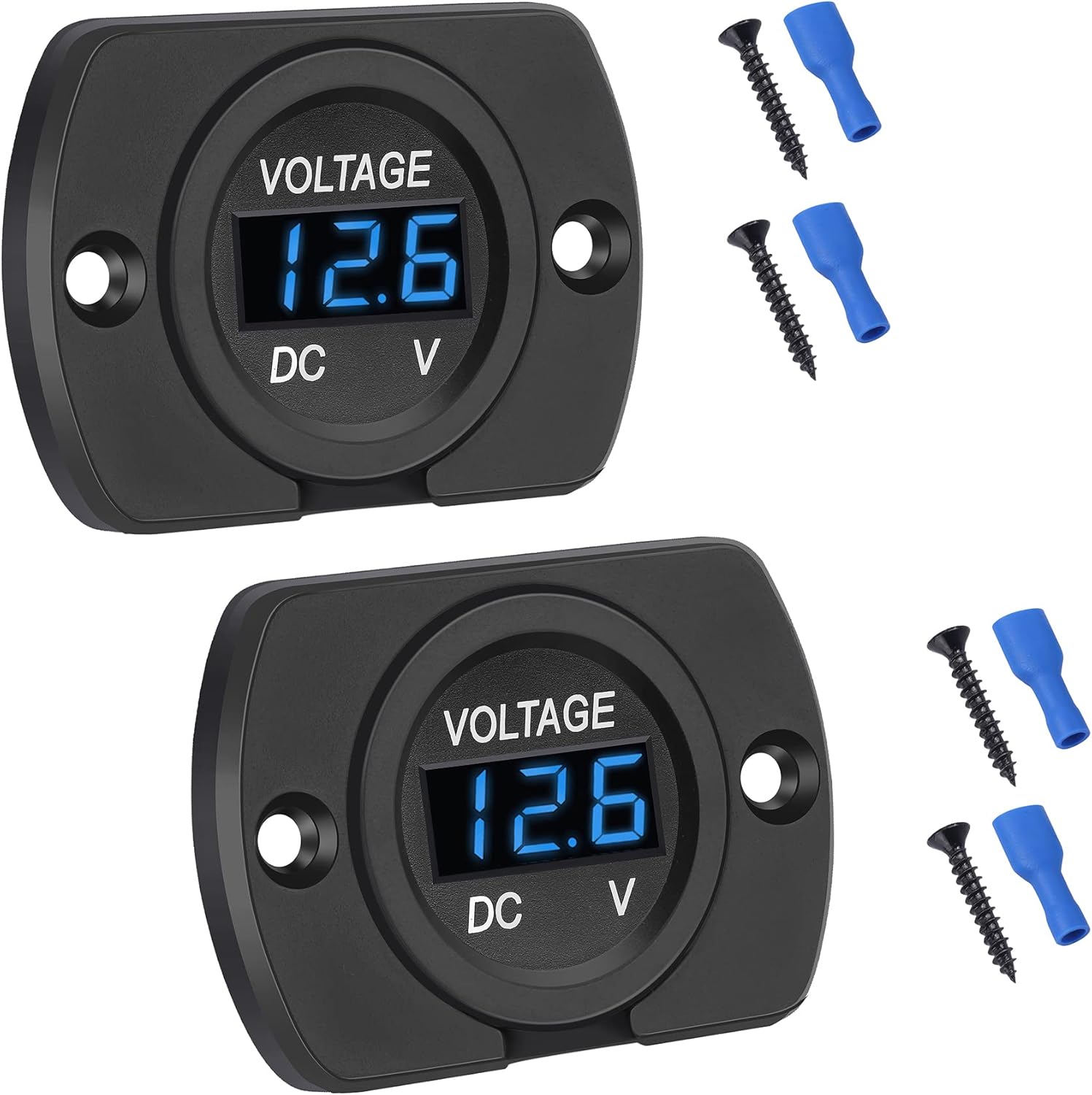 CrocSee 2 Pack DC 12V 24V Waterproof Car Voltmeter LED Digital Display Panel, Round Voltage Gauge with Terminals for Car/Motorcycle/Travel Trailer/Truck/Boat/ATV/UTV (Blue LED Display)