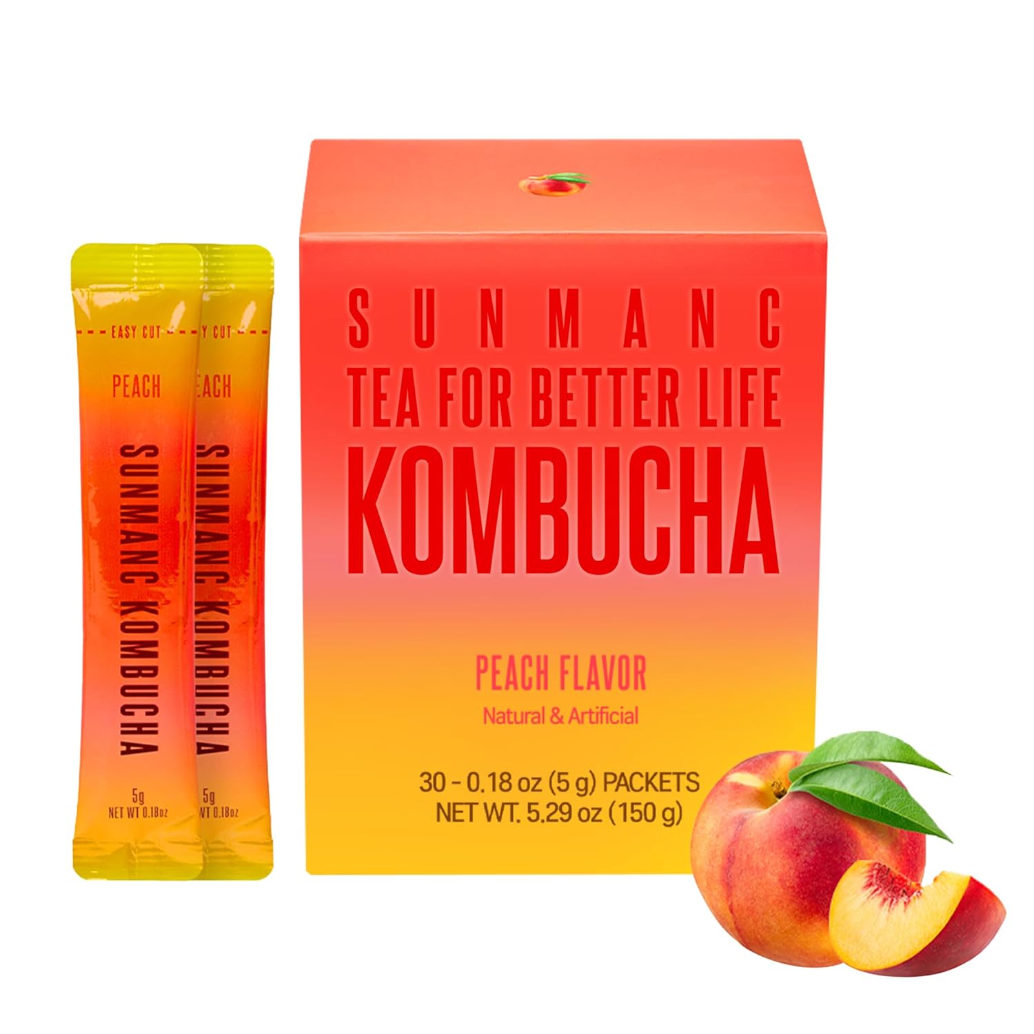 SUNMANC Peach Kombucha 30 Packets - 0g Sugar & 15 Calories - 19 Probiotic Strains & Vitamin C - Refreshing Sparkling Drink Mix for Digestive Support - Perfect K-Food Pairing (Peach)