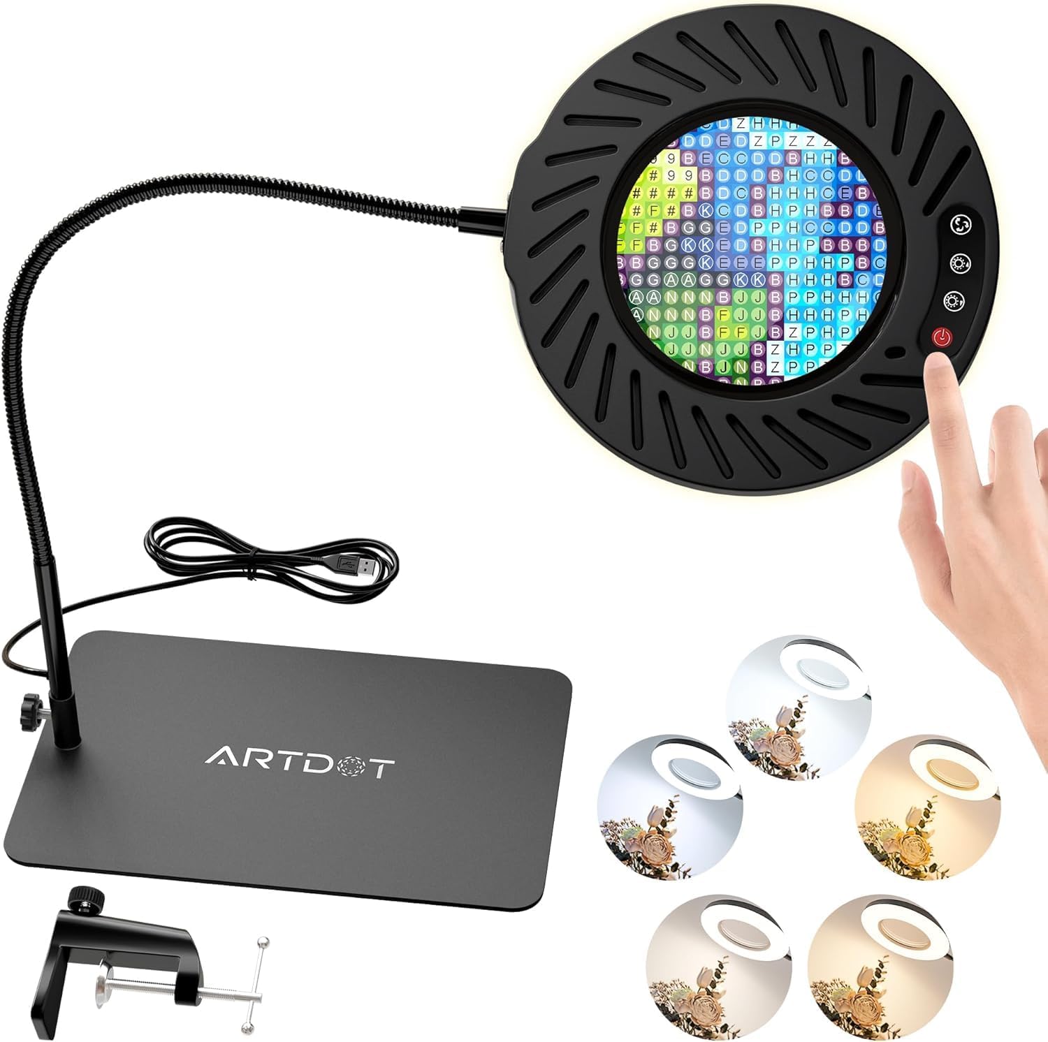 ARTDOT 10X Magnifying Glass with Light and Stand, 144 LEDs Desk Lamp with 5 Colour Temperatures and 9 Levels Adjustable Brightness for Diamond Art Accessories Hobbies Crafts Reading Close Work