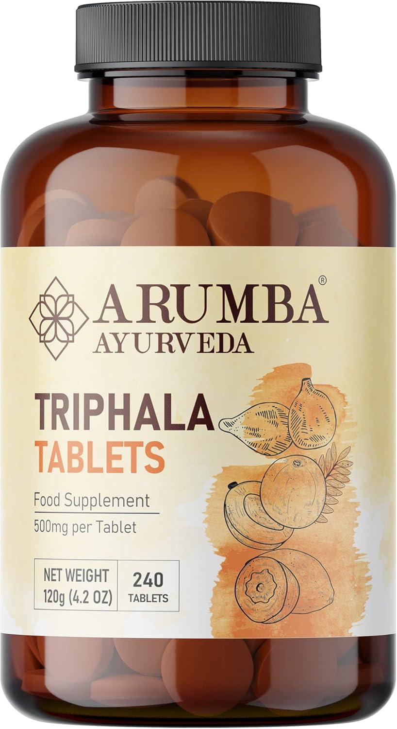 Arumba Ayurveda Triphala Tablets 240 Tablets, 500 mg per Tablet, Made with Pure Amalaki Powder, Haritaki Powder, Bibhitaki Powder