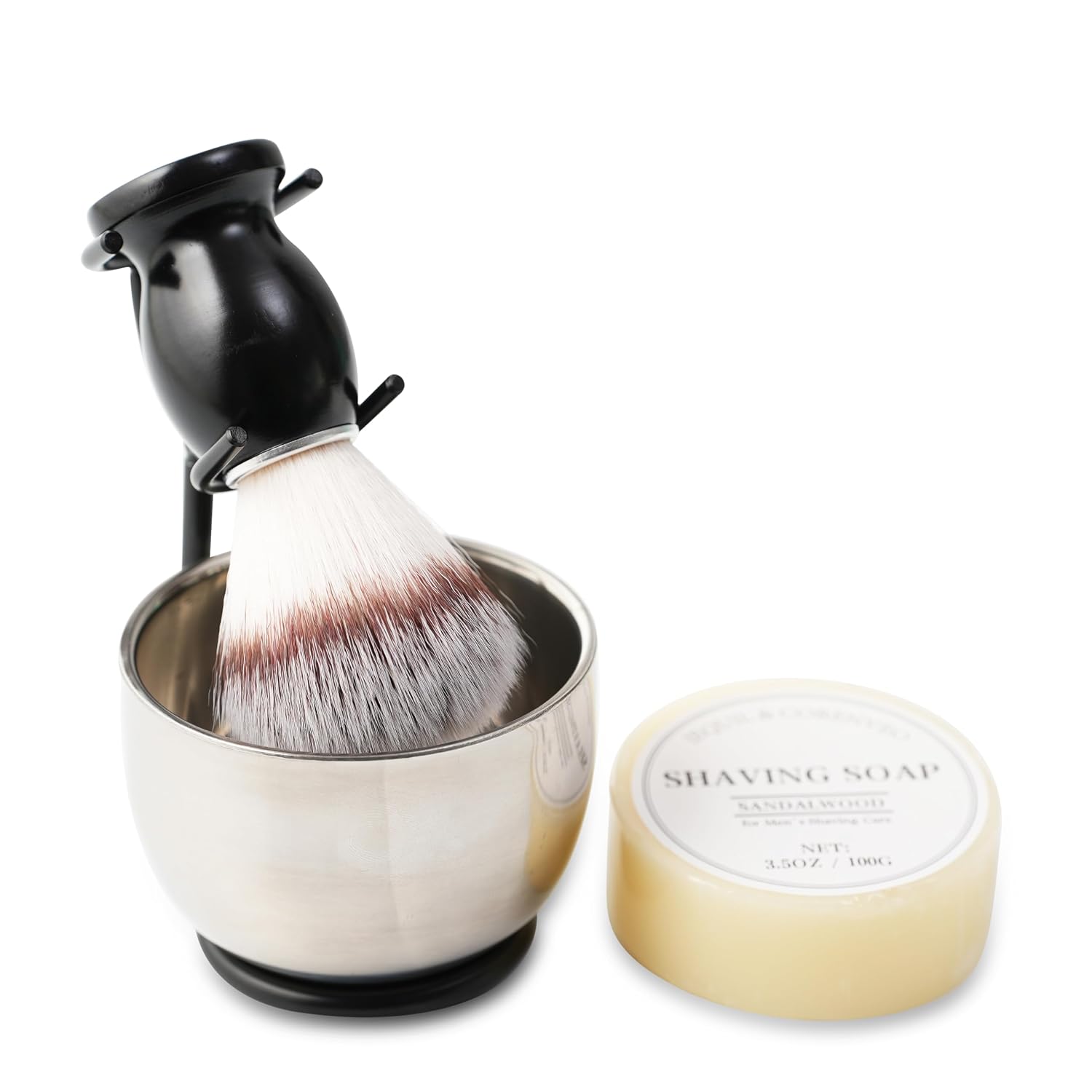4pcs Men's Shaving Brush Set with Soap, Steel Bowl and Razor Stand