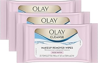 Olay Cleanse Makeup Remover Cleansing Face Wipes, Daily Facial Towelettes, Rose Water, 25 Count, 3 Pack