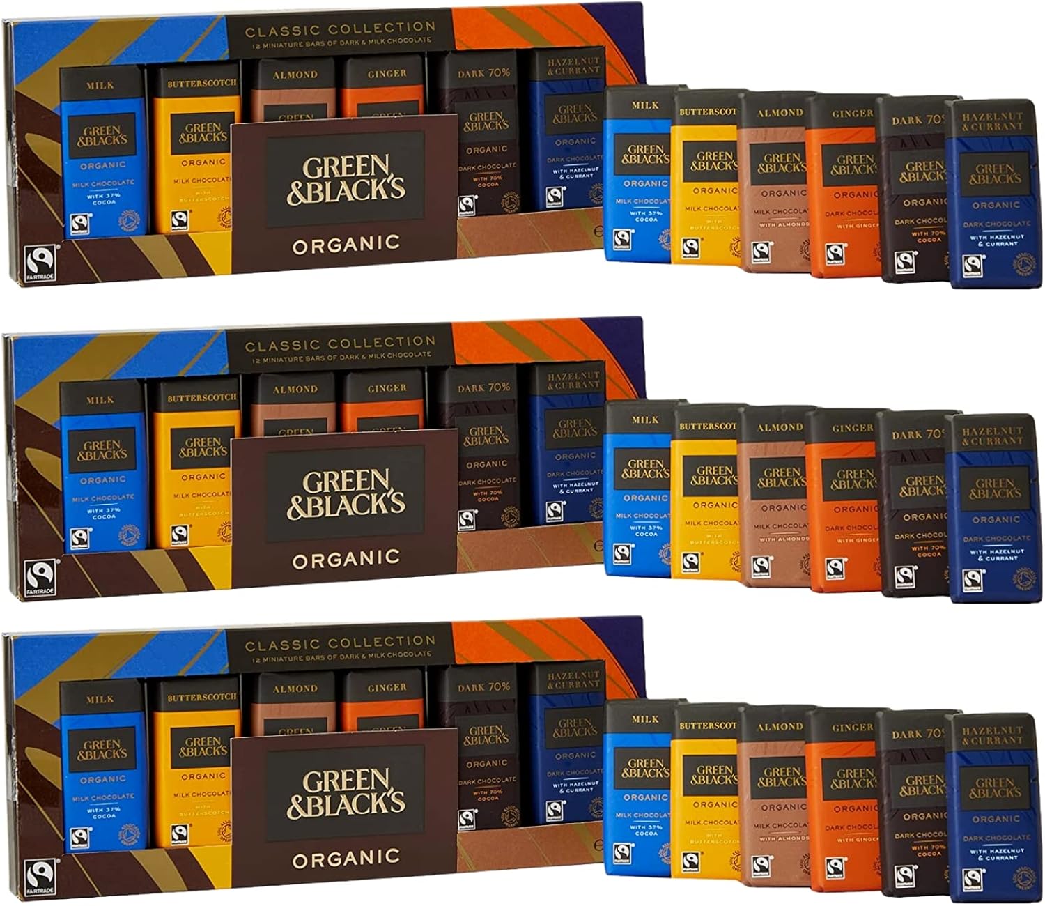 Assorted Green & Black's Classic Miniature Chocolate Bar Collection 3 Packs of 180g, 12 Chocolates Each Pack | Chocolate Gift for Women Men Kids