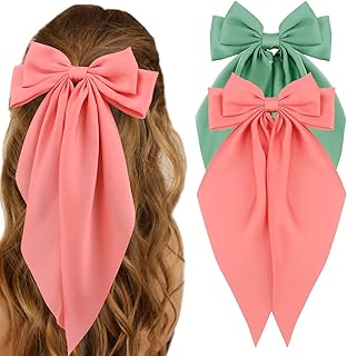 Silky Satin Hair Bows 2Pcs Green Pink Big Hair Bows Hair Ribbons Oversized Long Tail Bow Hair Clips Large Hair Ribbon Barrettes Metal Clips Bowknot Aesthetic Hair Accessories for Women Girls