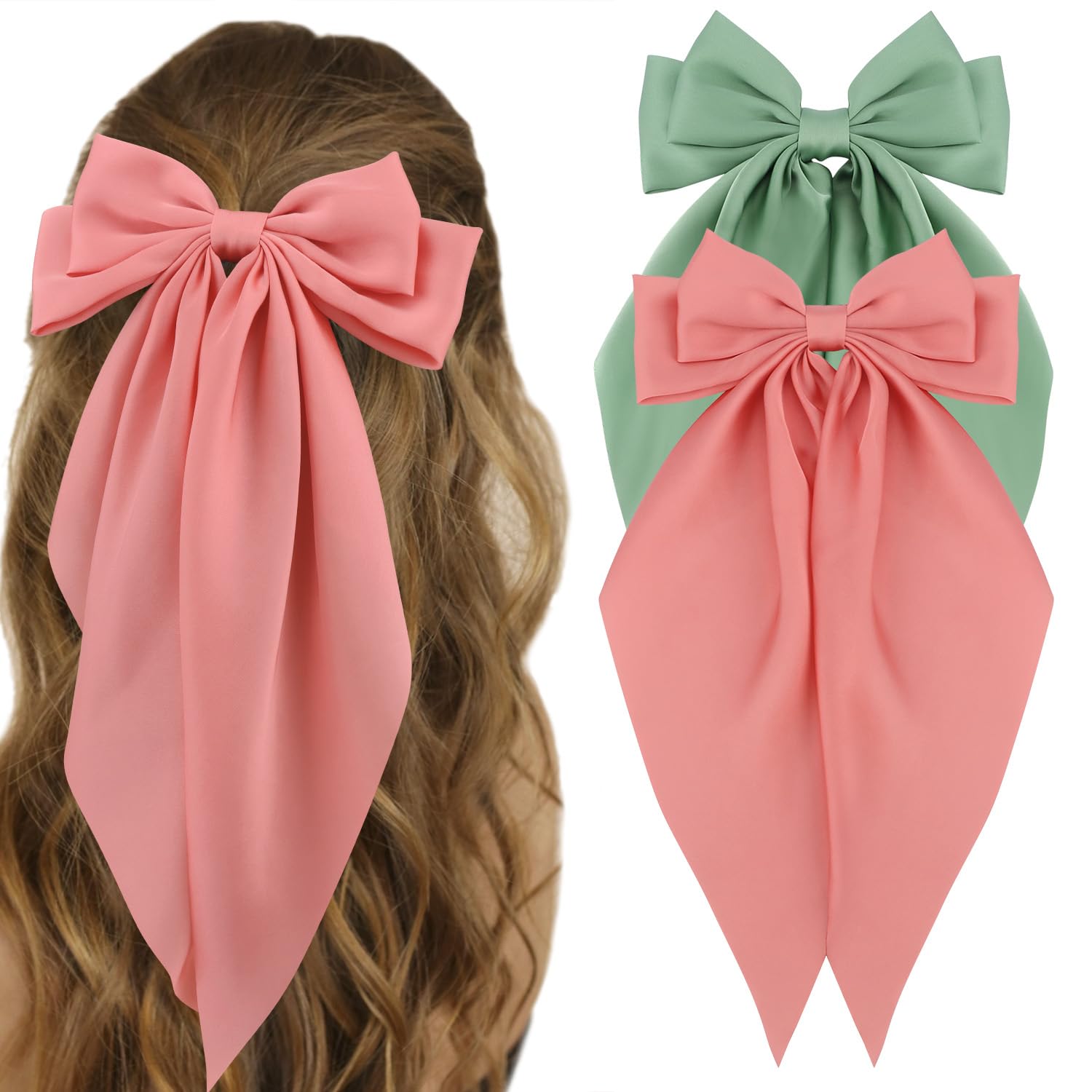 Silky Satin Hair Bows 2Pcs Green Pink Big Hair Bows Hair Ribbons Oversized Long Tail Bow Hair Clips Large Hair Ribbon Barrettes Metal Clips Bowknot Aesthetic Hair Accessories for Women Girls