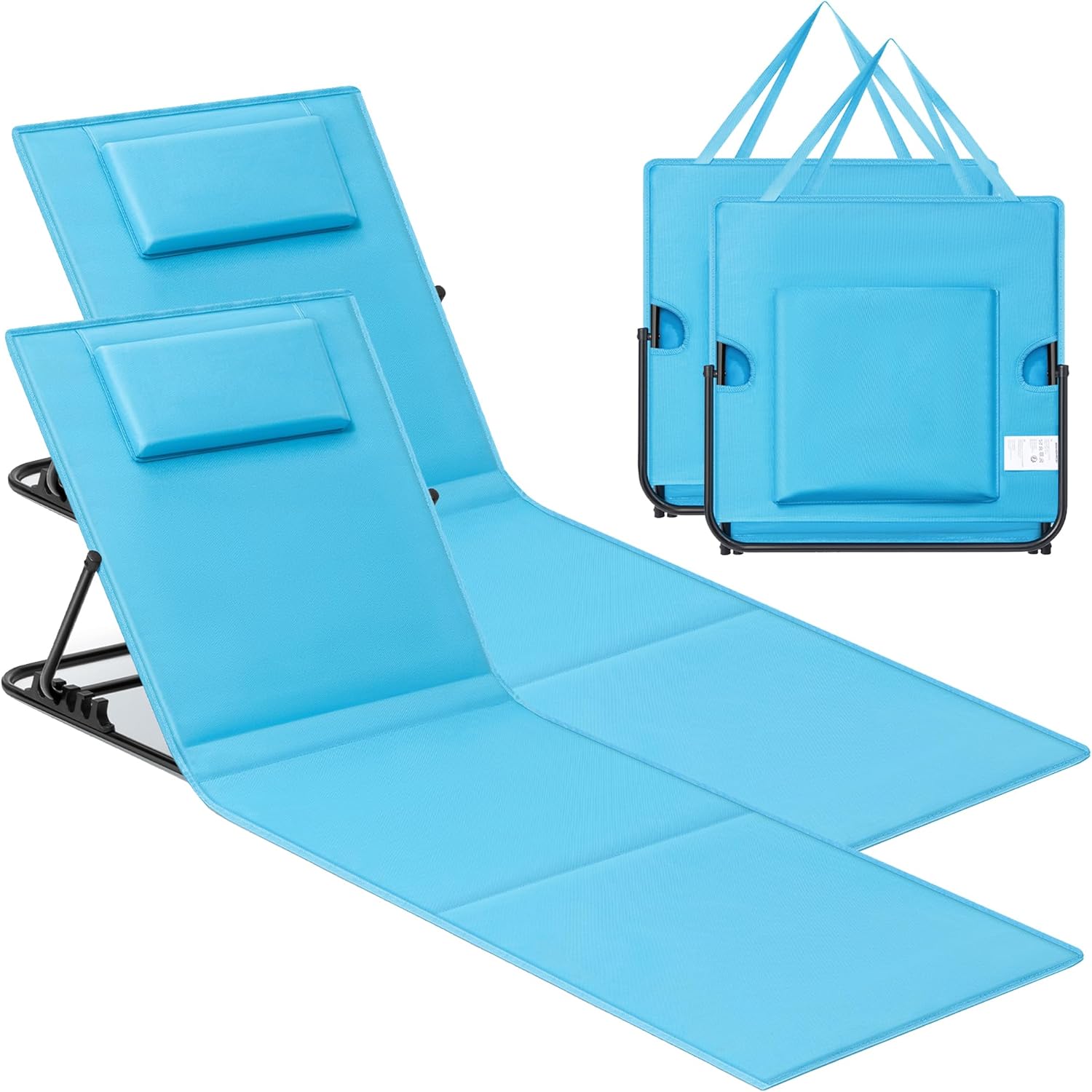 SONGMICS Set of 2 Folding Beach Sunloungers, Deck Beach Chairs Mats, Reclining Backrest, Lightweight Portable with Handle, for Camping Garden Pool, 158 x 55 cm, Sky Blue GCB251Q01
