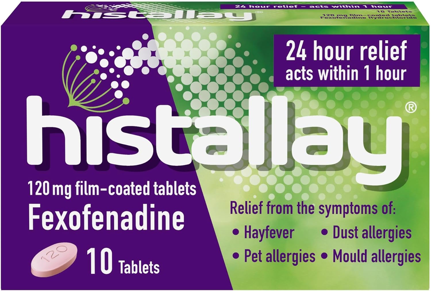 Hayfever & Allergy Relief Tablets, 10 Tablets, 120mg Fexofenadine, Antihistamine 24hr Relief, Acts Within 1hr, Relieves Hayfever, Pet, Dust and Mould Allergies