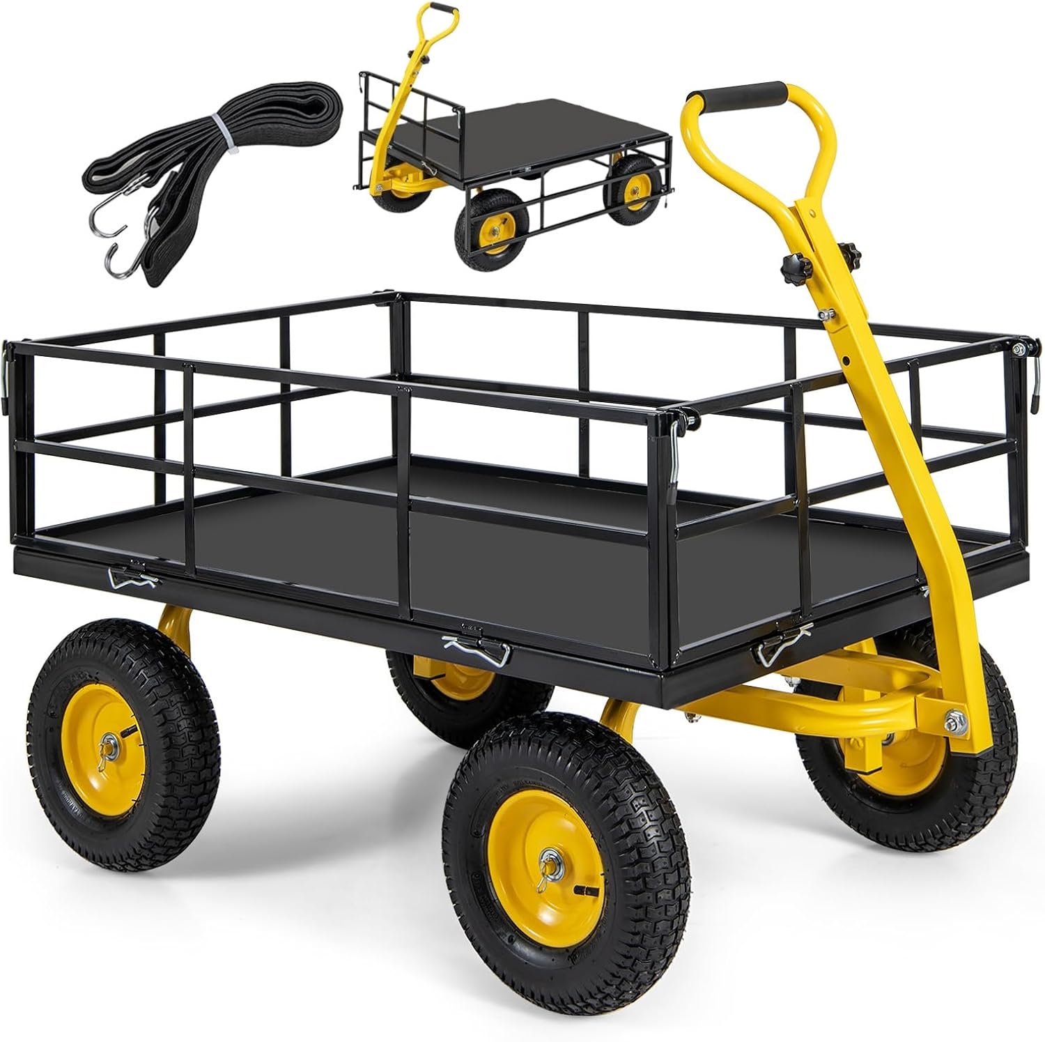 TANGZON Heavy Duty Garden Trolley Cart, 3-in-1 Multifunctional, 545kg Capacity, 33cm Tires, Adjustable Handle, Yellow & Black, 131 x 75 x 107 cm
