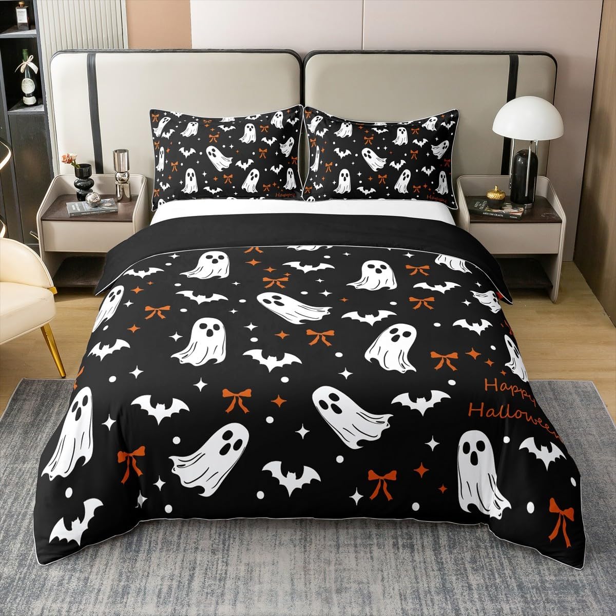 Manfei Cute Ghost Duvet Cover Set 100% Cotton Super King Size Gothic Bat Animals Comforter Cover with 2 Pillowcases Happy Halloween Bedding Set for Bedroom Dcor,No Comforter