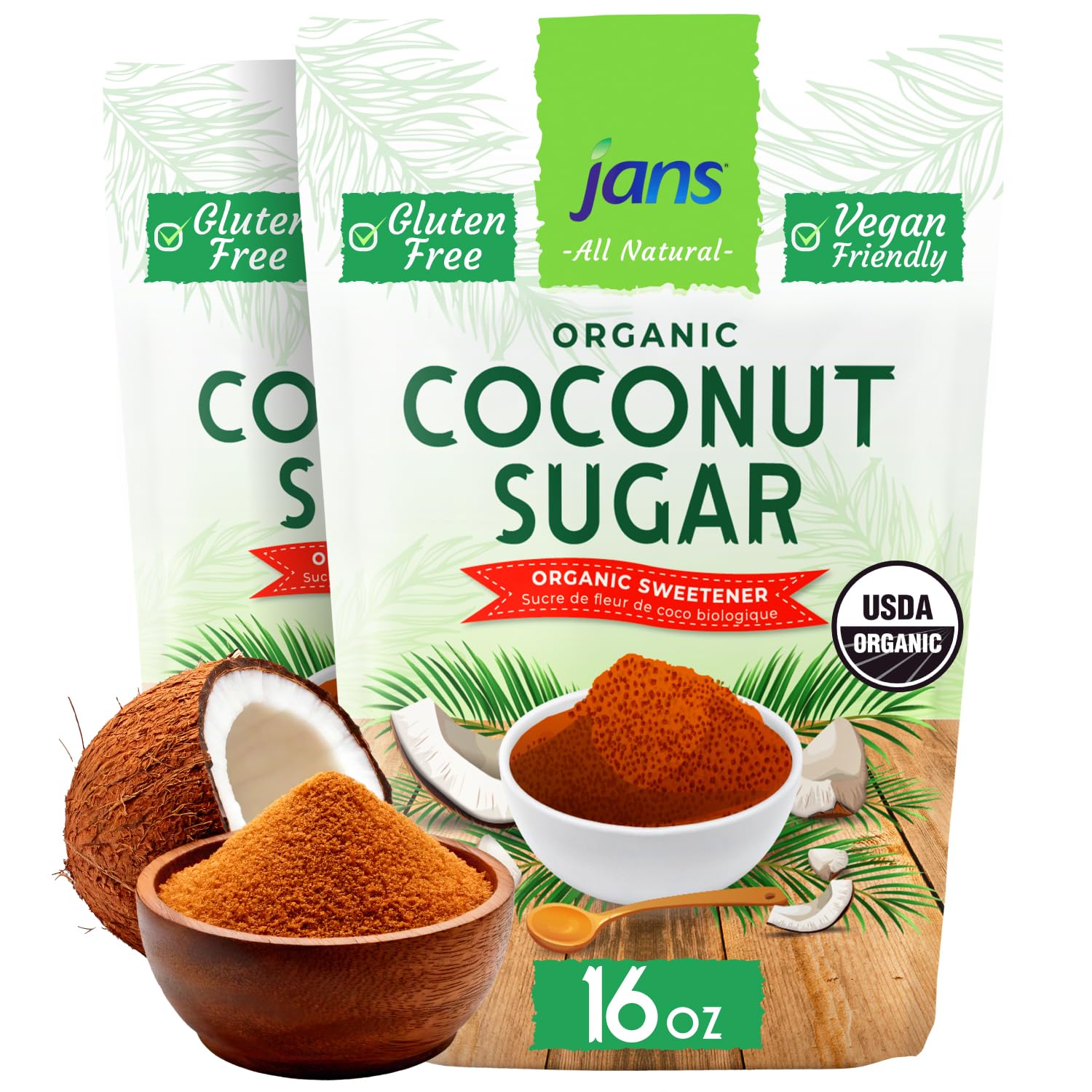 Jans Organic Coconut Sugar (16 Oz Pack of 1) - Organic Brown Coconut Sugar Derived from Fresh Coconuts, Non-GMO, Sourced from Sustainable Farms, Coconut Brown Sugar, Coconut Sugar Packets