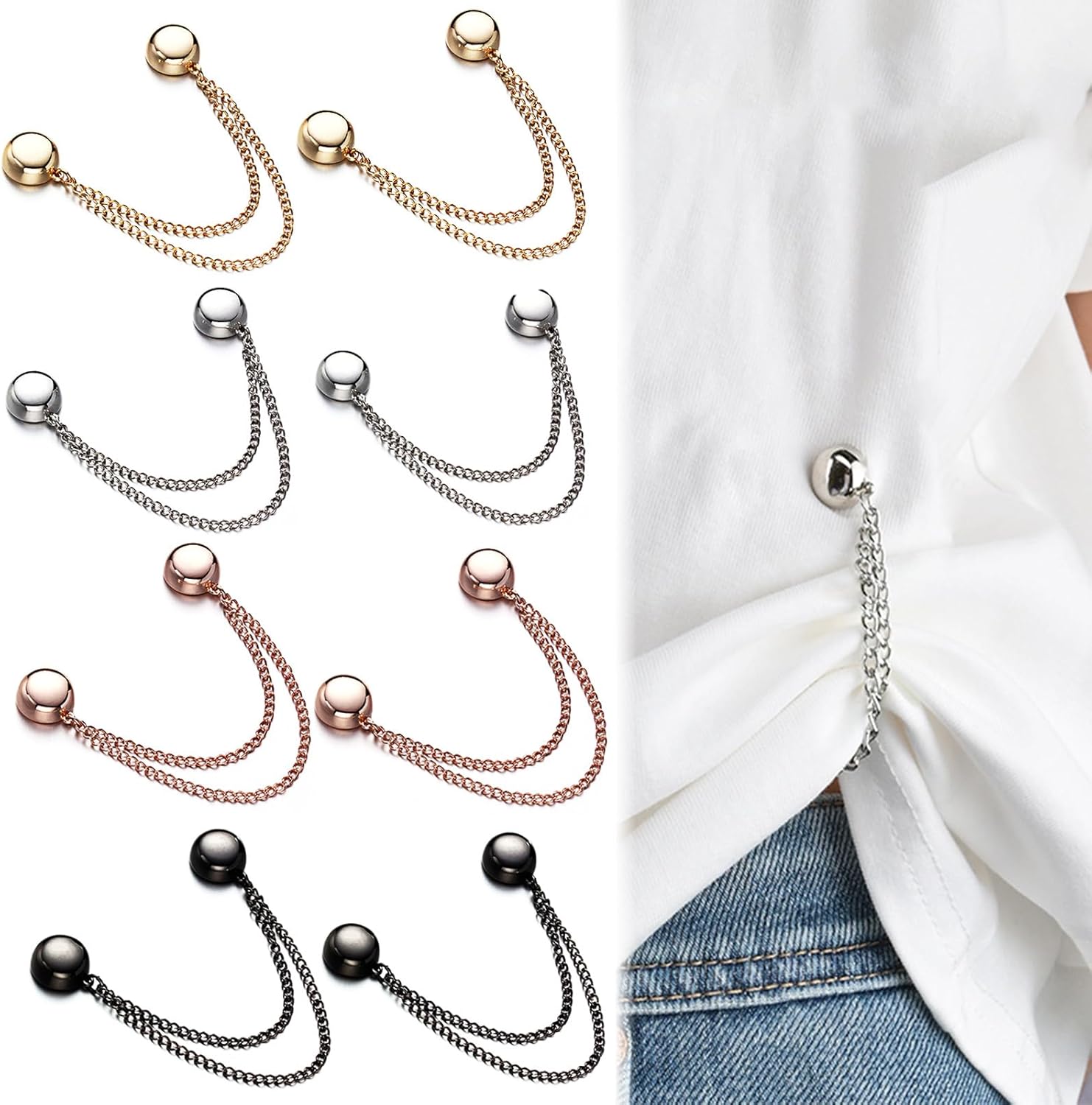 FJW Multi-Function Magnetic Clothing Clips, Magnetic Shirt Clips for Women Clothing, T-Shirt Shortening Magnetic Closure for Cinch T-Shirt Hems, Collar, Pants Hems (8 Pack)