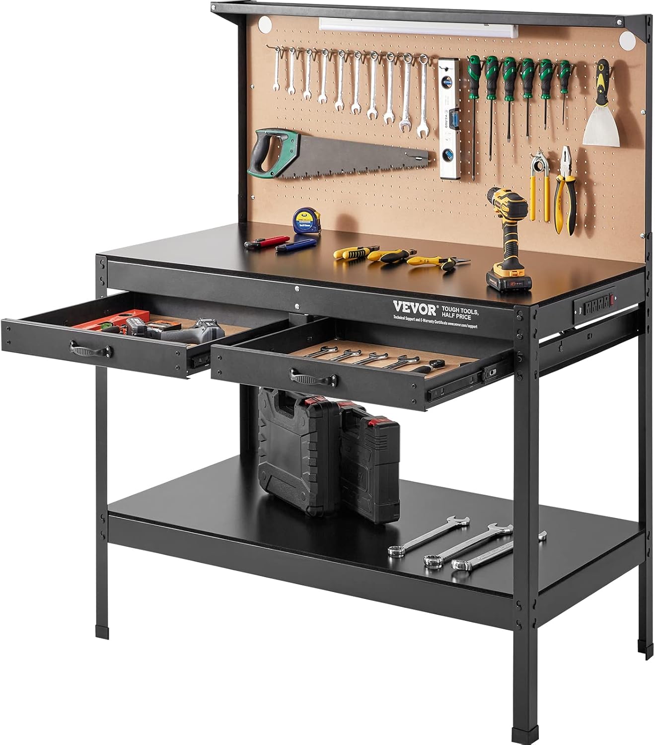 VEVOR Workbench, A3 Steel Workbenches for Garage max 1500W, Heavy Duty Work Bench with 220lbs Load Capacity, Hardwood Workbench with 1.5m Cable 4xAC outlets 2xUSB Ports