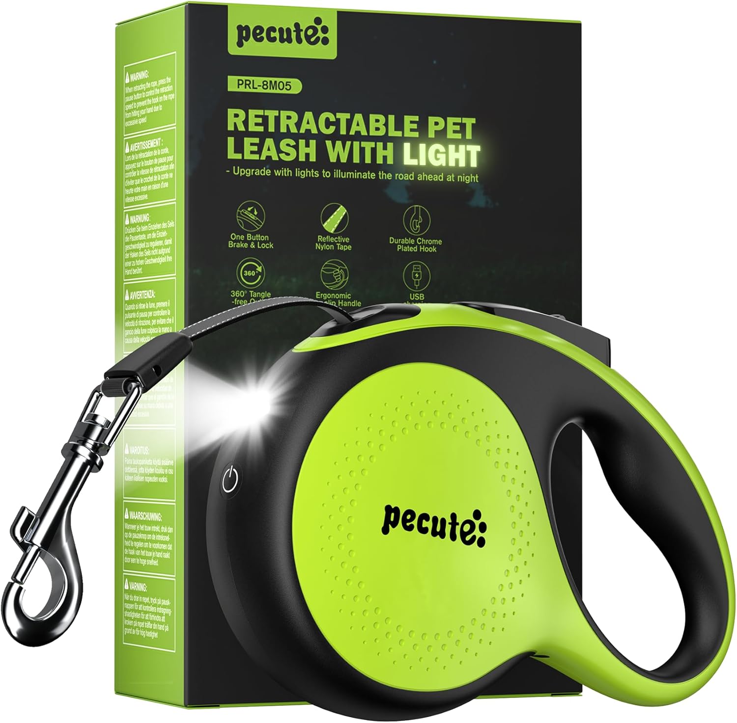 Pecute Retractable Dog Lead with Rechargeable LED Light, 8m/26ft Dog Lead with 360° Tangle-Free Extended Leash, Anti-Slip Handle and Quick Brake Button, Suitable for Dogs Up to 110lbs/50kg in Weight