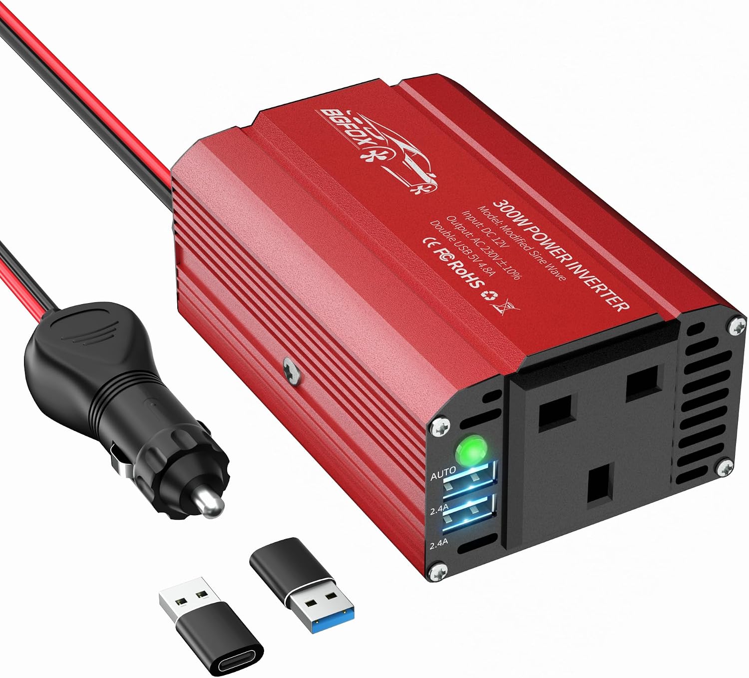 BGFOX 300W Car Power Inverter DC 12V to 240V / 230V AC Modified Sine Wave Voltage Converter with Dual USB Ports and UK Socket for Charge Your Laptop,For iPhone, iPad, Tablet, Aluminium Case - Red