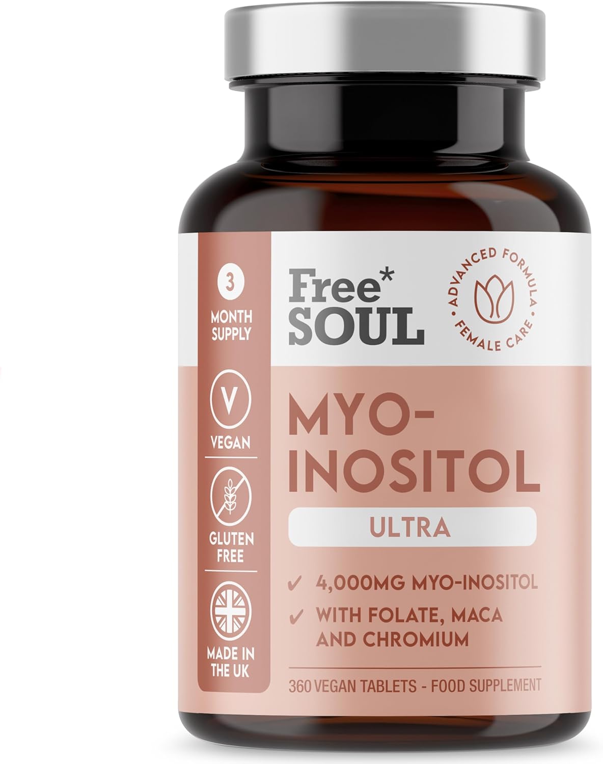 Free Soul Myo-Inositol Ultra Supplement | 4,000mg Myo-Inositol, 200ug Folate, 100ug Chromium Plus 10,000mg Maca for Women | Supplements for Women | Vegan & Gluten-Free | 360 Tablets