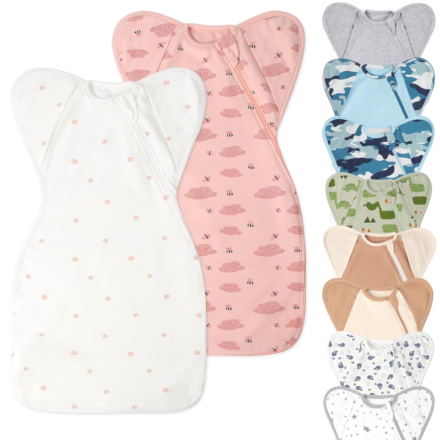 Swaddle Blanket Sleep Sack with Arms Up Design 2 Packs, Hands Up Sleeping Sack 3-Way Transitions to Arms-Free Wearable Sleeping Bag for Newborn Baby Boys Girls Snug Fit Calms Startle Reflex