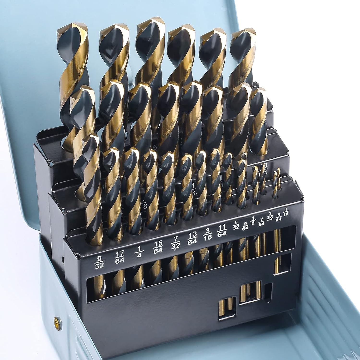 29Pcs Drill Bit Set, 135 Degree Tip High Speed Steel with Black and Gold Finish, Stainless Steel, Plastic and Wood with Metal Indexed Storage Case 1/16"-1/2" (29pcs Black and Gold)