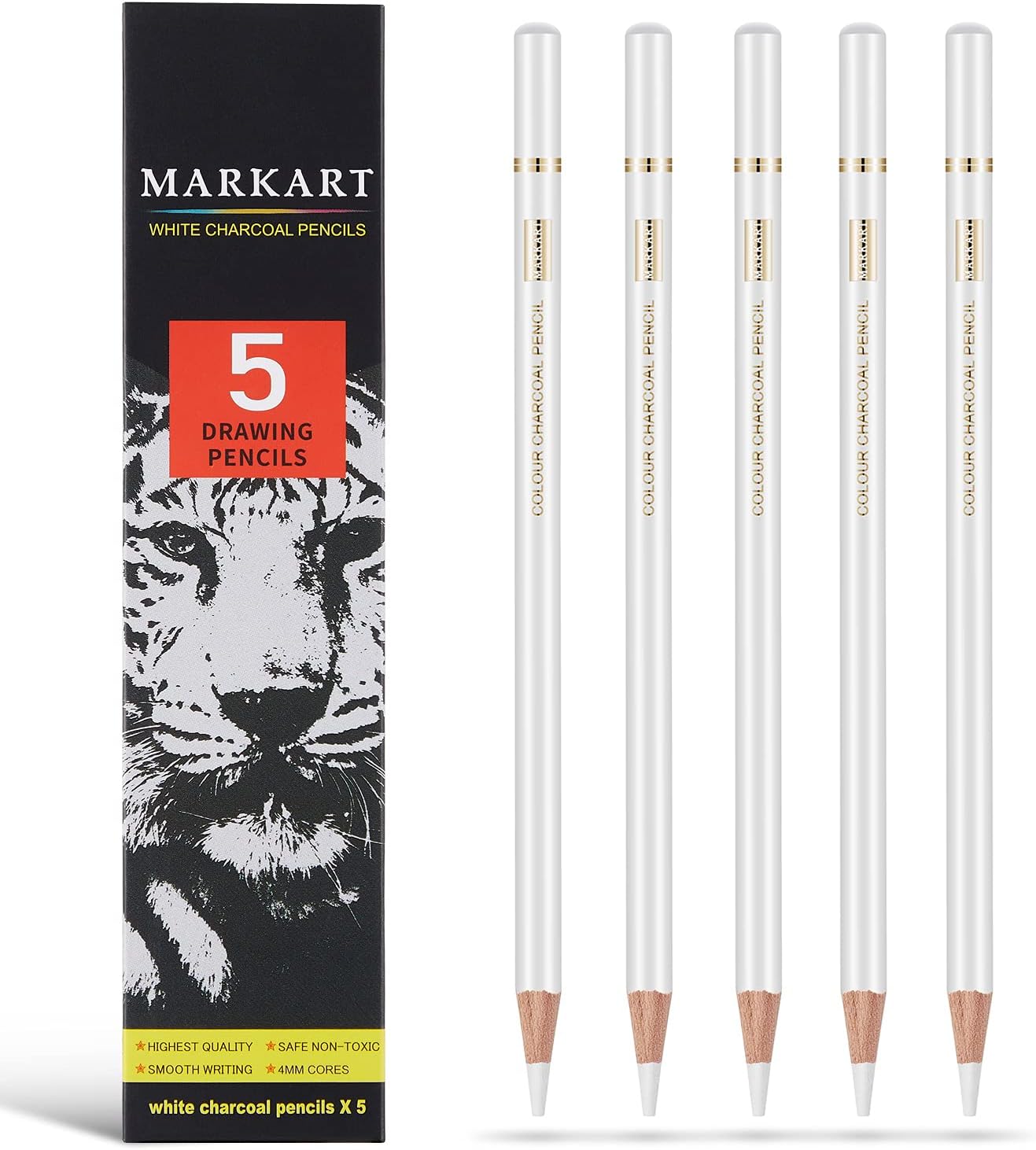 MARKART Professional White Charcoal Pencils Set, 5 Pieces Sketch Highlight Charcoal Pencils for Drawing, Sketching, Shading, Blending, White Chalk Pencils for Beginners & Artists