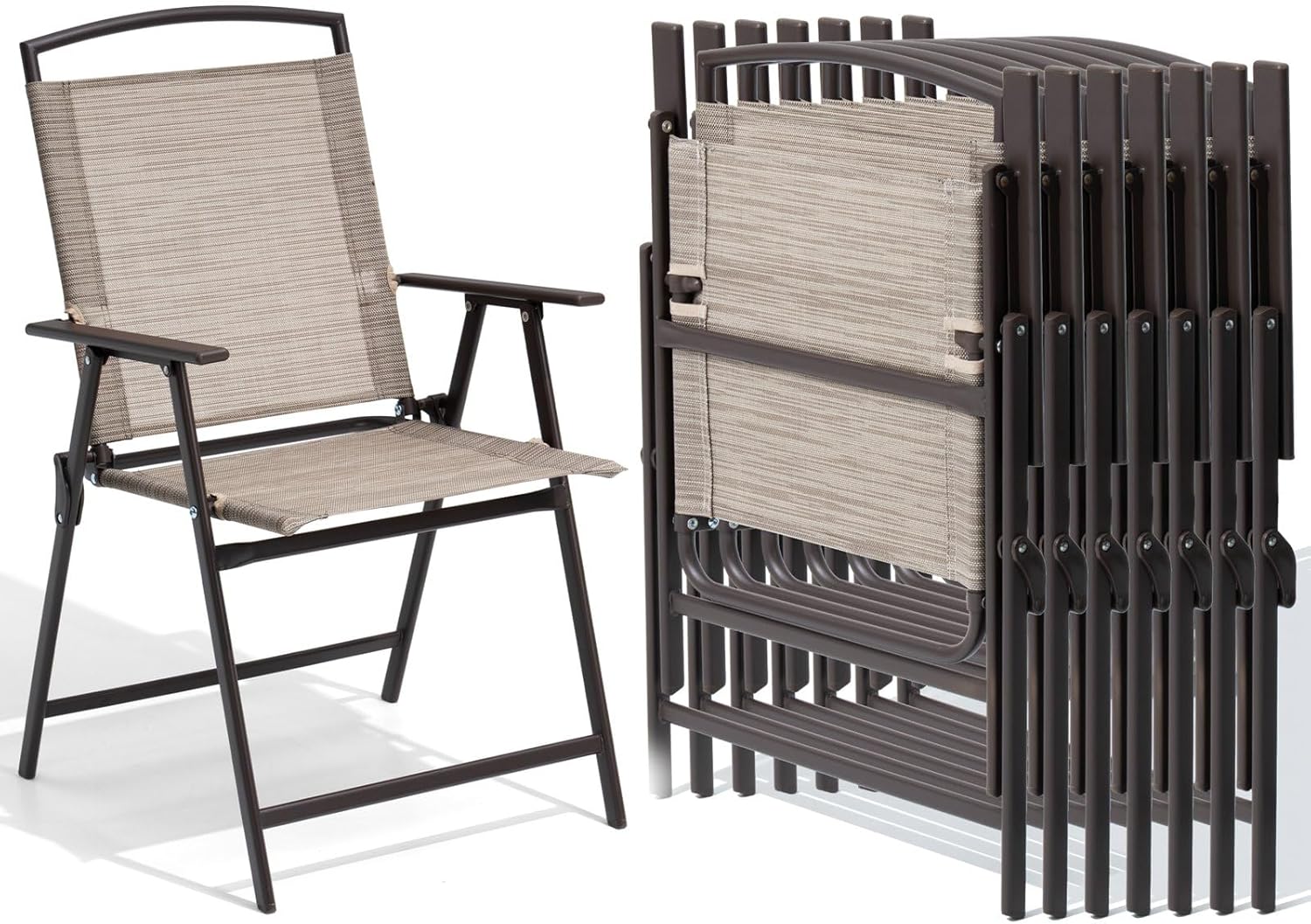 Crestlive Products Set of 8 Patio Folding Chairs 8-Pack Dining Chairs Outdoor Portable Sling with Armrest for Camping, Garden, Backyard, Deck (Beige)